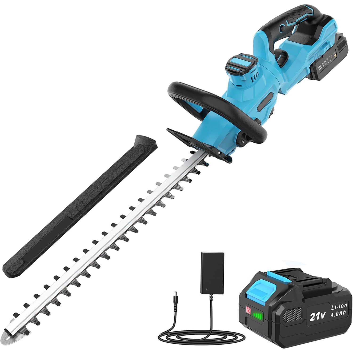 Akku-heckenschere 21v Mit 4,0-ah-akku, 51 Cm Doppelmesser, 16 Mm Messeröffnung, 180° Drehbarer Griff, Elektrische Heckenschere Mit Messerschutz Für Hecken Und Sträucher