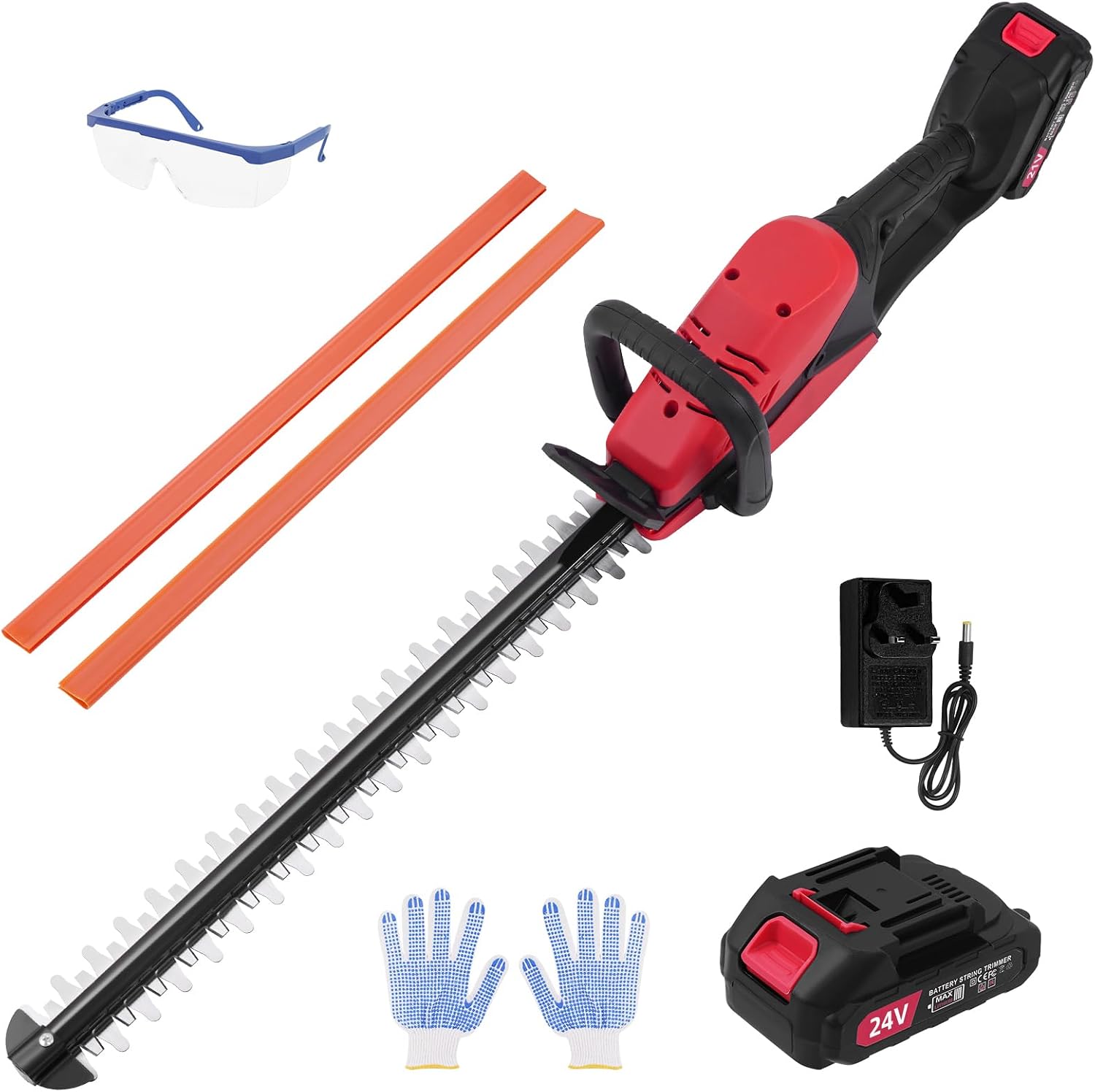 Akku-heckenschere 50 Cm Mit 2 Akkus Und Ladegerät, 17 Mm Zahnabstand, Doppelseitige Klinge, Rot Und Schwarz