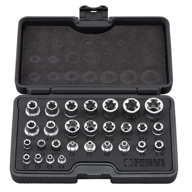 Steckschlüssel-satz nuss kasten torx nüsse 28 tlg 1/4' 3/8' 1/2' Fervi 0195