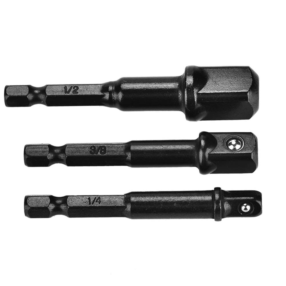 3-teiliger Schwarzer Steckschlüsseladapter Von 1/4"-sechskant Auf 1/4", 3/8" Und 1/2"-vierkant-schraubendreher