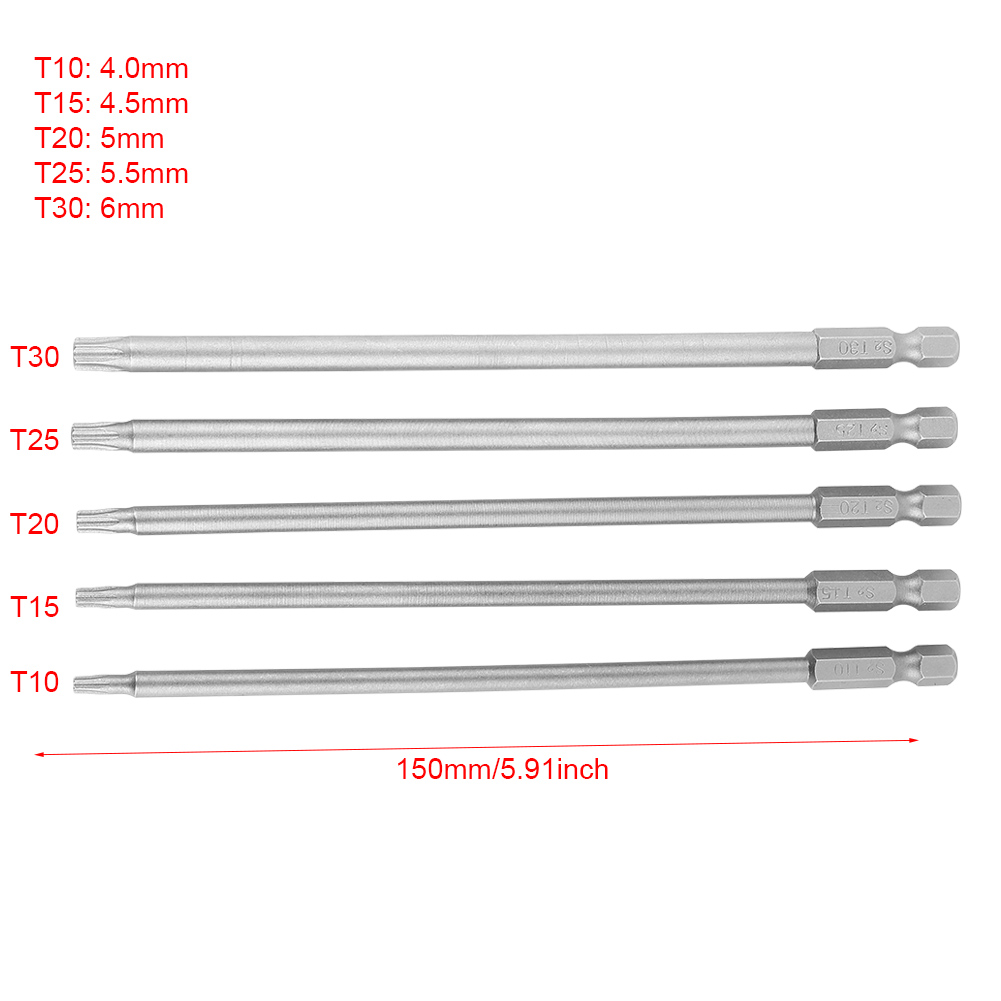 5-teiliges Set Mit 150 Mm 1/4" Sechskantschaft, T10-t30 Magnetische Sicherheits-kreuzschlitzschraubendreherbits (bst)
