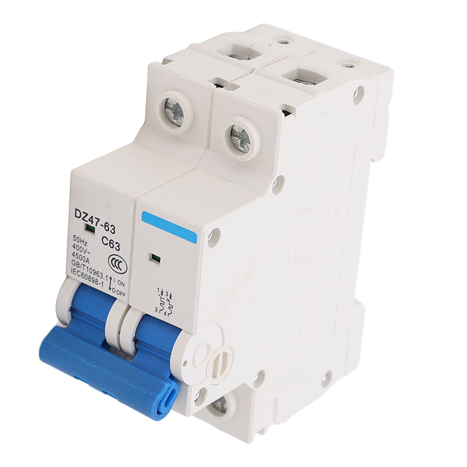 Leistungsschalter Pa66, 2-polig, Din-schienenmontage, Abschaltvermögen 4500 A, 400 V, 63 A