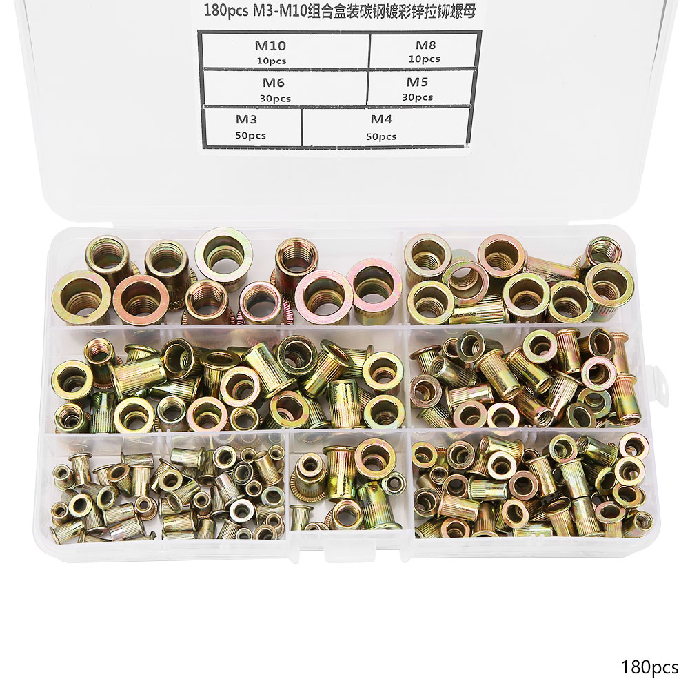 180-teiliger Nietmutternsatz M3-m10, Verzinkt, Kohlenstoffstahl, Flachgewindeeinsatz