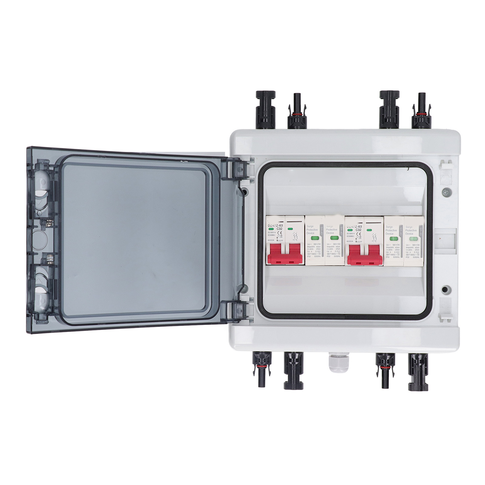 Solarmodul-leistungsschalter Dc 500v 32a Ip65 Trennschalter 2 Eingänge 2 Ausgänge Mit Schutzgehäuse