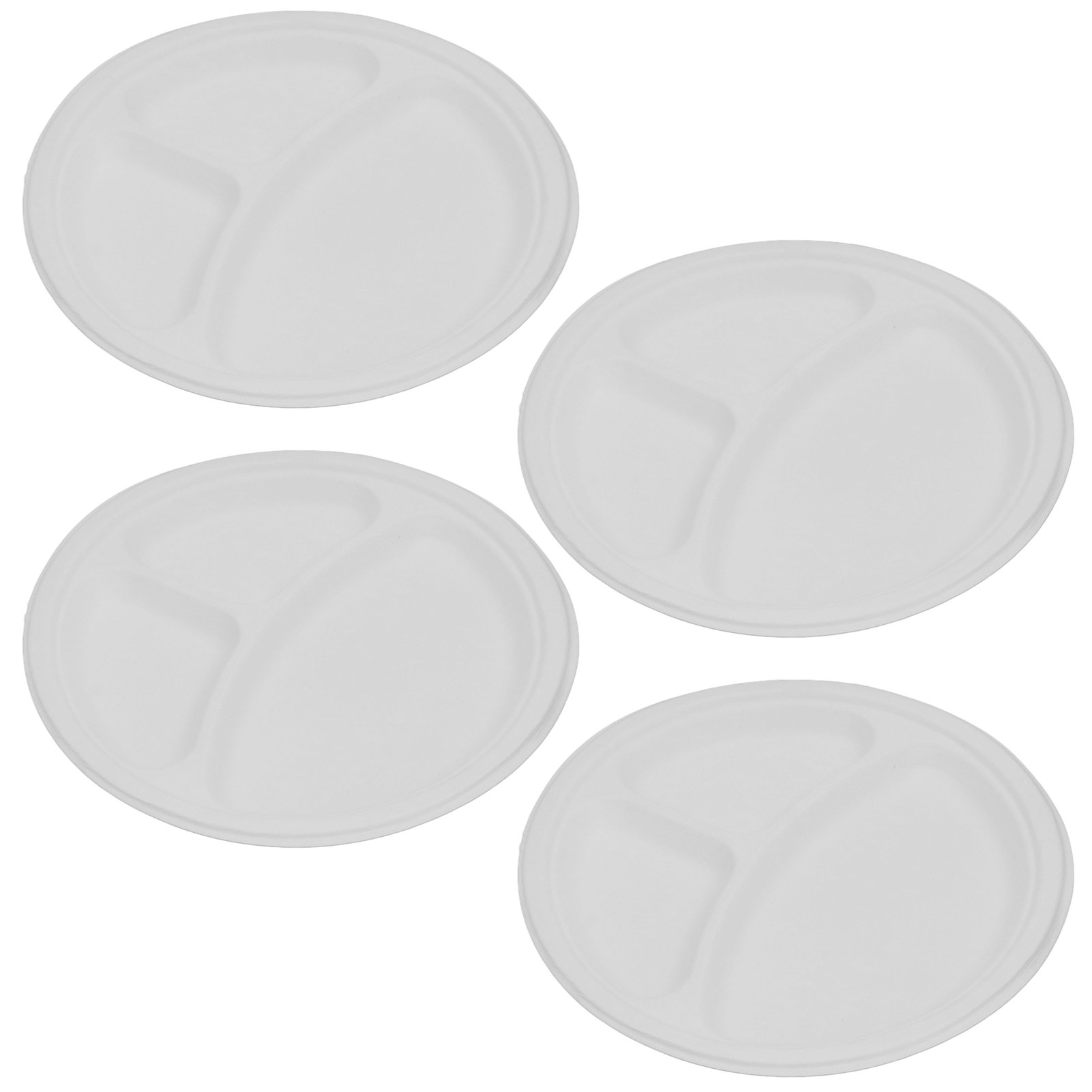 100 Einwegteller Aus Zuckerrohrfasern, Weiß, Rund, Durchmesser 25 Cm, Biologisch Abbaubar, Kompostierbar, Mikrowellengeeignet, 3 Fächer