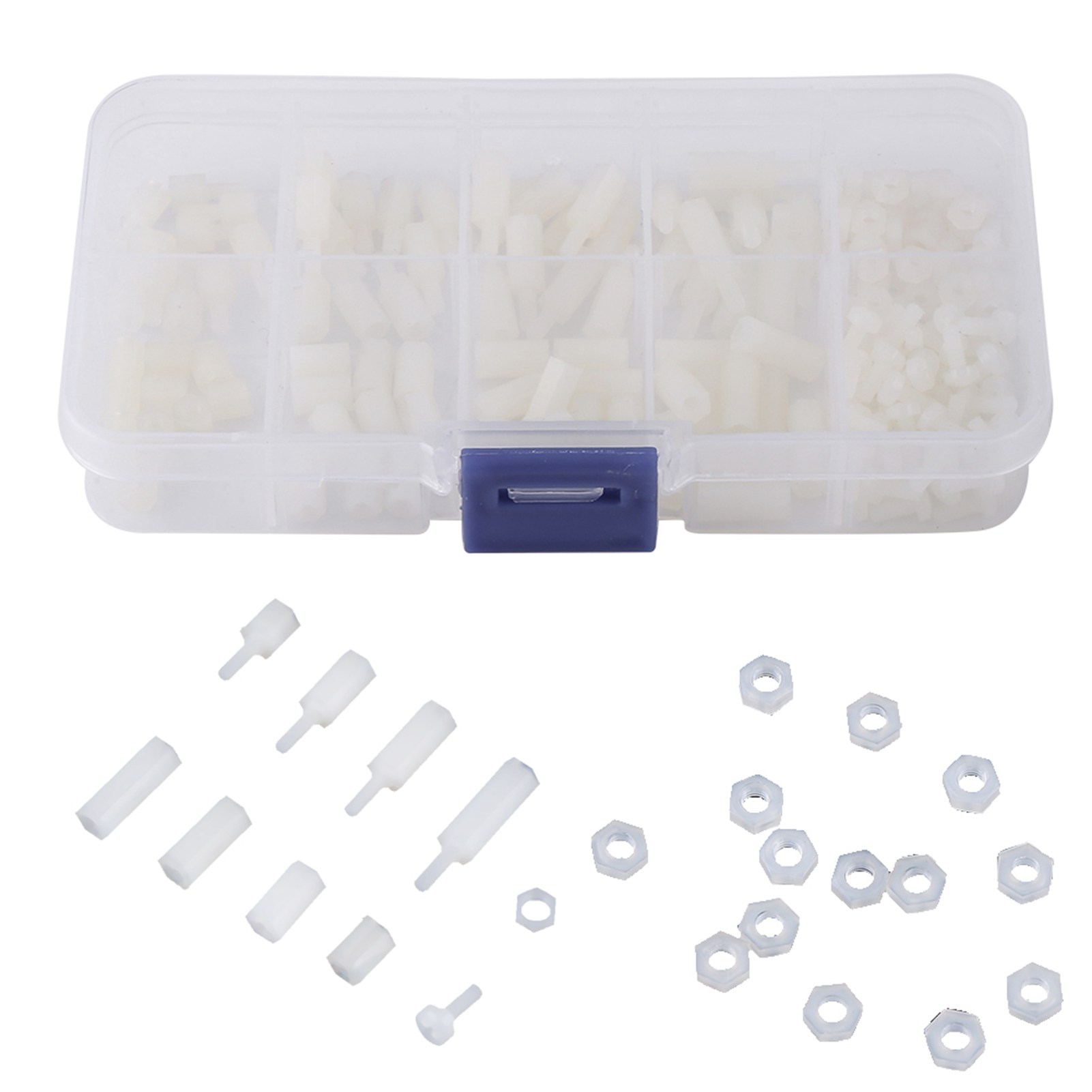 200-teiliges Sortiment An M2,5-nylon-innensechskantschrauben Und -muttern (außen- Und Innengewinde) In Einer Kunststoffbox