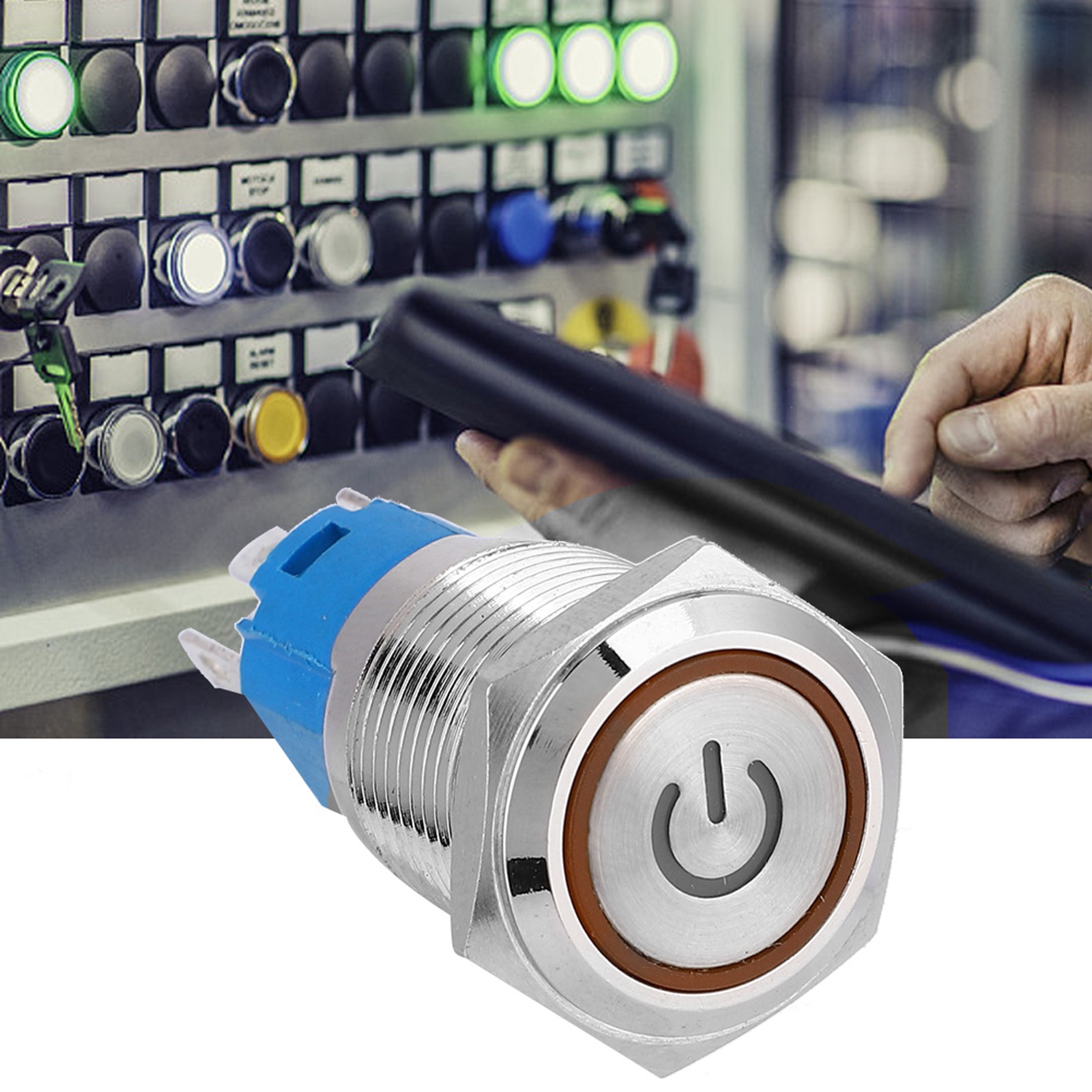 Gelber Led-druckknopfring Aus Metall Mit Flachem, Rundem Kopf, Selbstrückstellend Und Mit Betriebssymbol, 16 Mm, 12 V