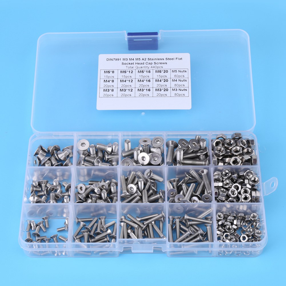 440-teiliges Set Aus Sechskantschrauben Und Muttern Aus Edelstahl, M3, M4 Und M5, Mit Flachkopf.