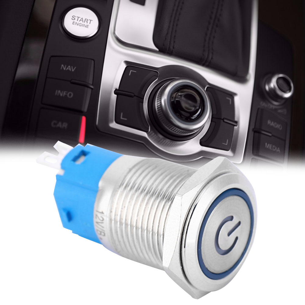 Blauer Led-druckknopfring Aus Metall Mit Flachem, Rundem Kopf, Selbstrückkehrend Und Mit Betriebssymbol, 16 Mm (12 V)