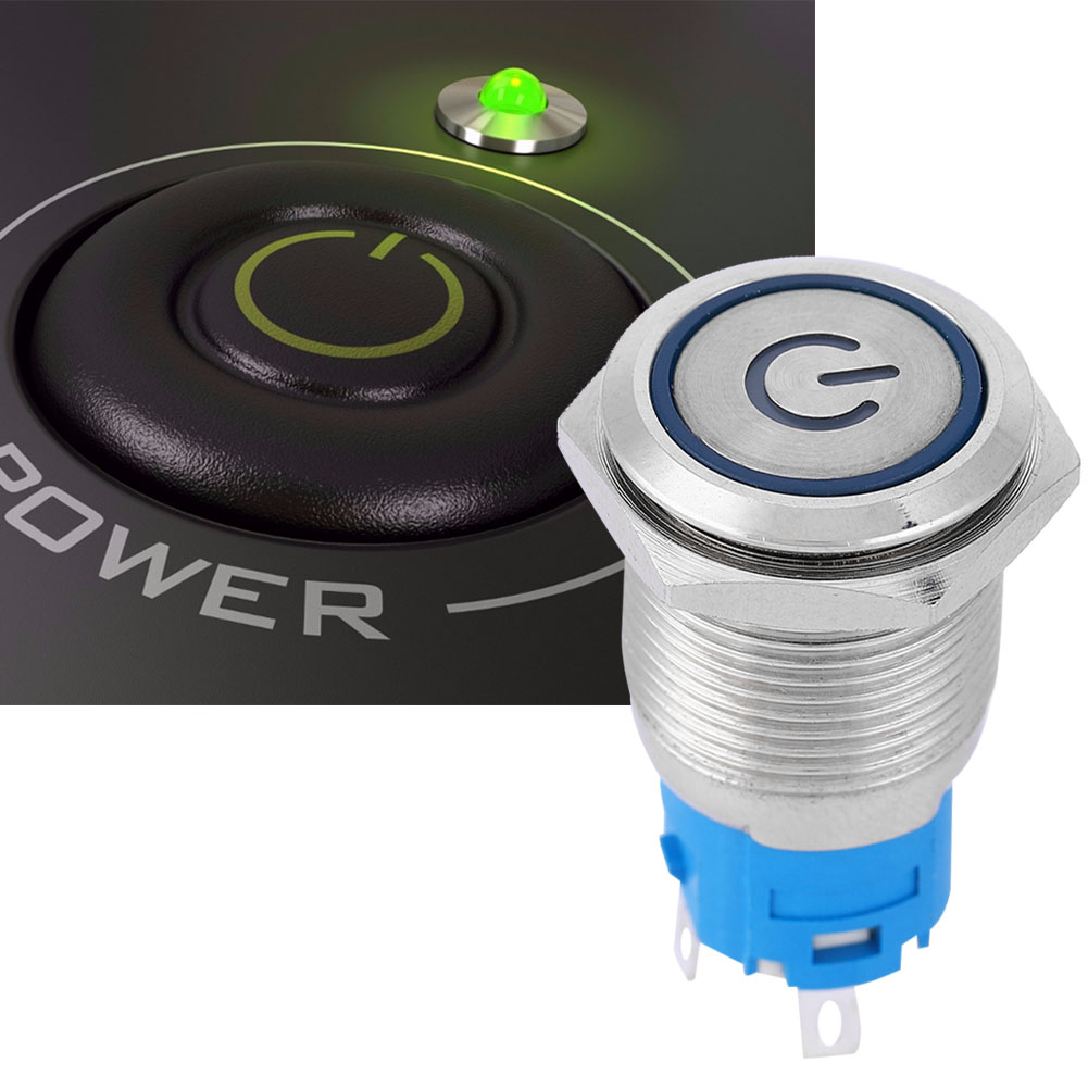 Blauer Led-druckknopfring Aus Metall Mit Flachem, Rundem Kopf, Selbstrückkehrend Und Mit Betriebssymbol, 16 Mm (220 V)