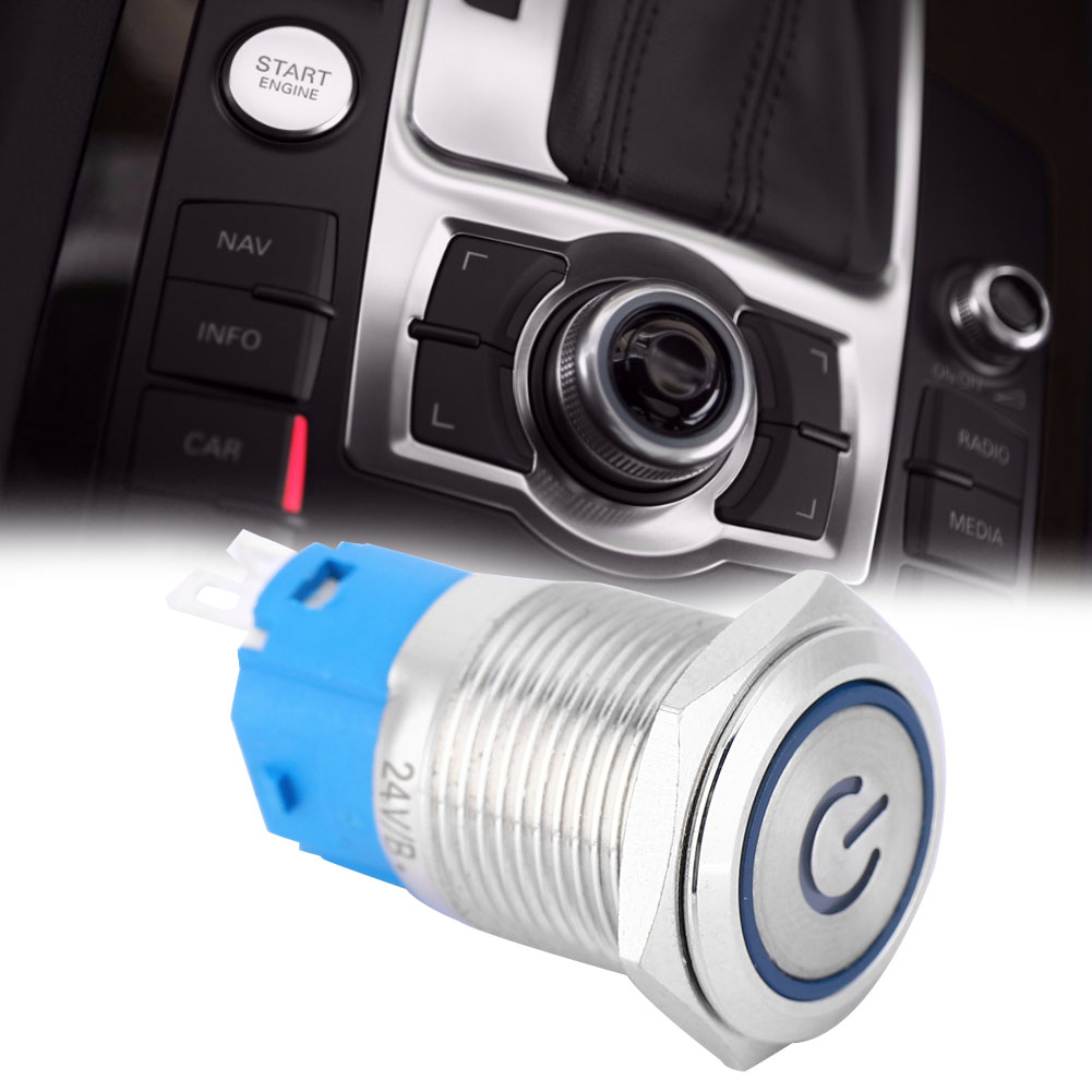 Blauer Led-druckknopfring Aus Metall Mit Flachem, Rundem Kopf, Selbstrückkehrend Und Mit Betriebssymbol, 16 Mm (24 V)