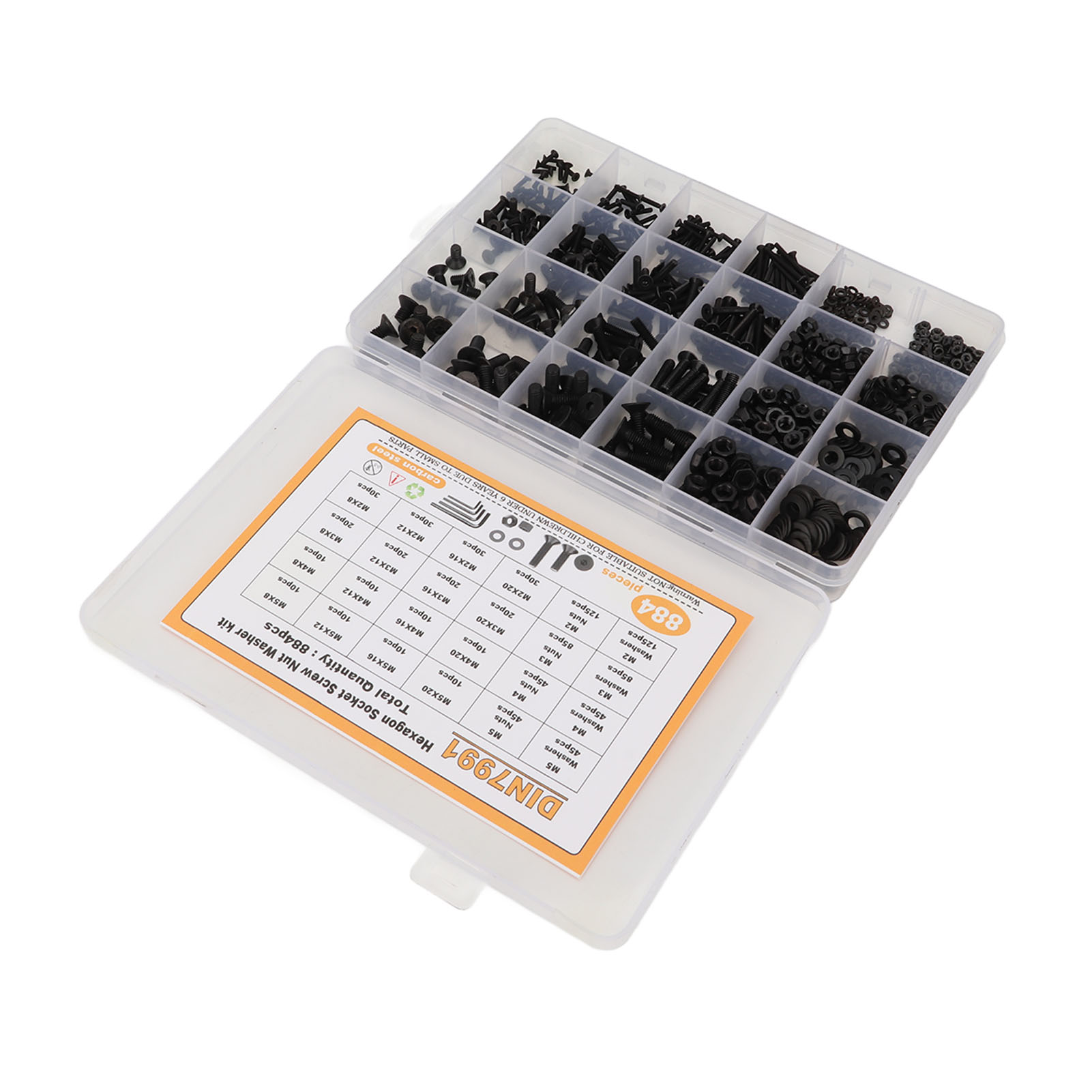 884-teiliges Set Aus Innensechskantschrauben, Muttern Und Unterlegscheiben Aus Kohlenstoffstahl (m2, M3, M4, M5) Mit Aufbewahrungsbox, Schwarz