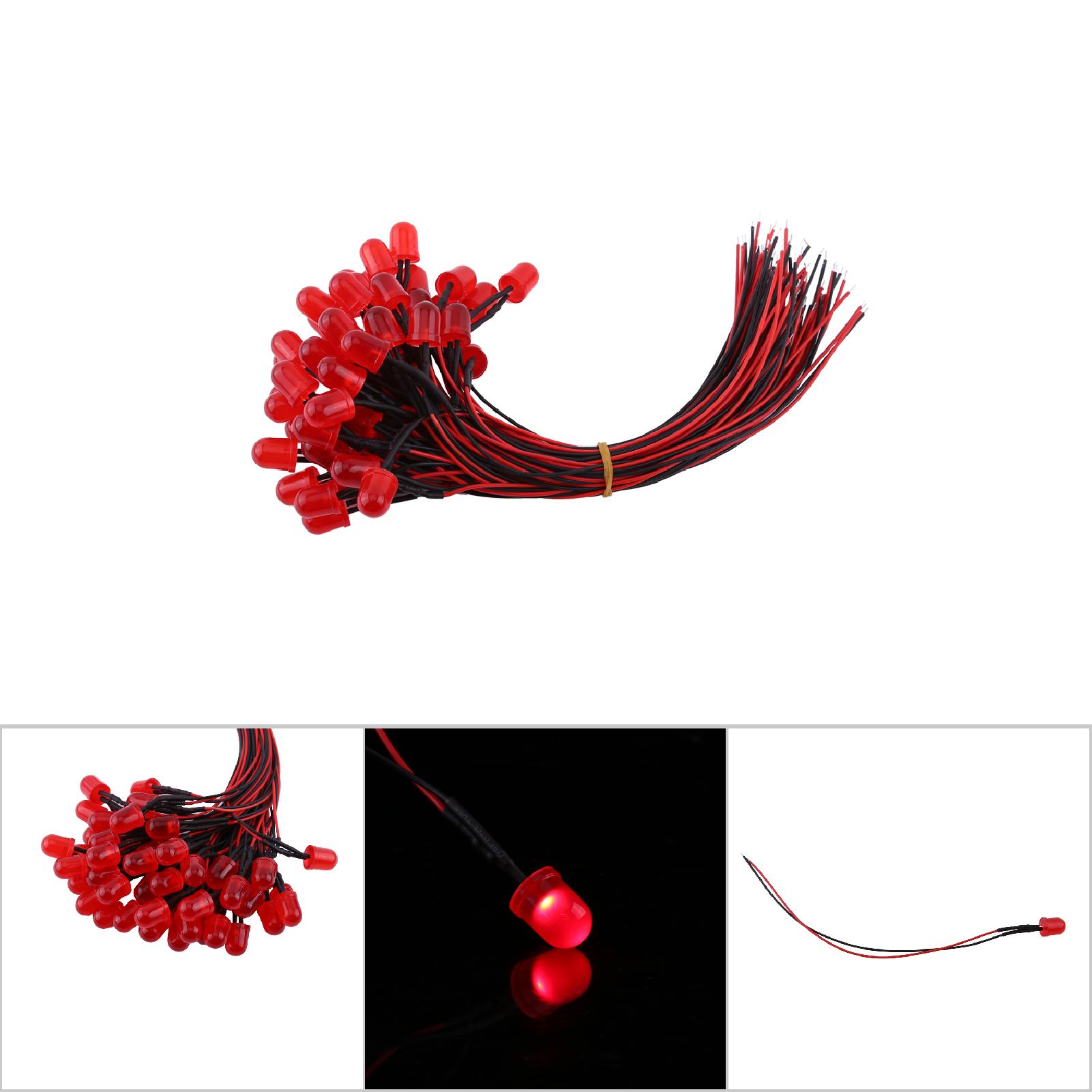50 Vorverdrahtete, Diffuse 12-v-led-dioden, Mehrfarbiges Licht, 10 Mm, Rot (9)