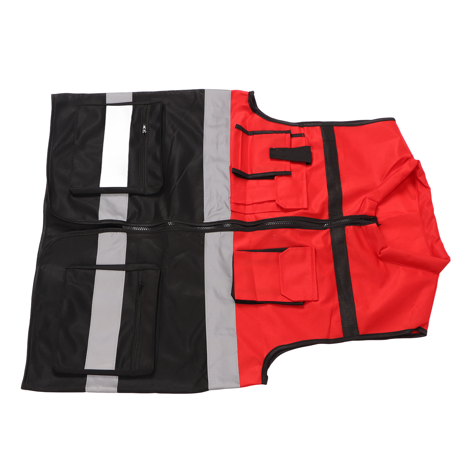 Reflektierende Weste, Rot-schwarz, Rundhalsausschnitt, Mehrere Taschen, Sicherheitsweste Für Bau- Und Transportwesen