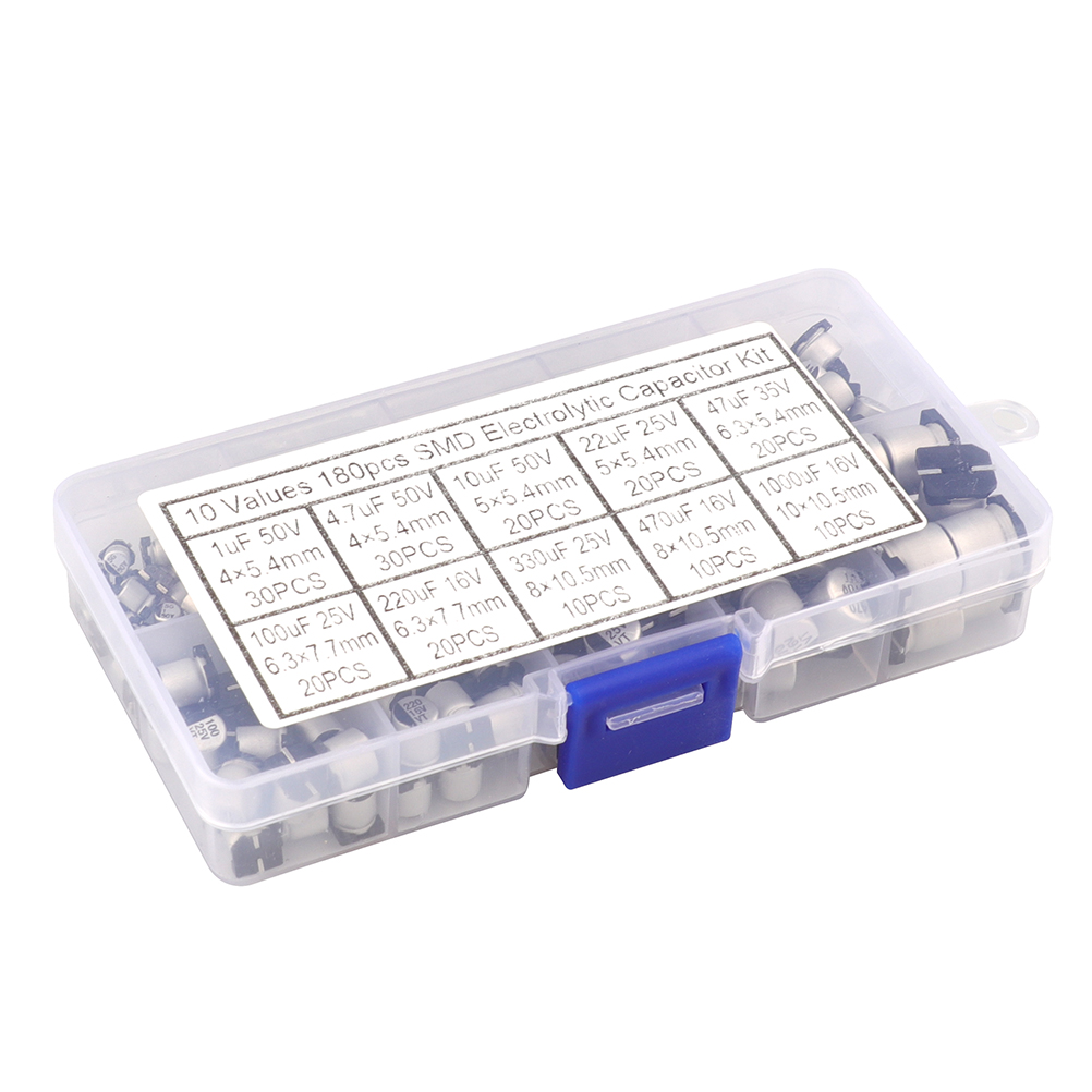 180 Stück 16–50 V 1µf/4,7µf/10µf/22µf/47µf/100µf/220µf/330µf/470µf/1000µf Smd-aluminium-elektrolytkondensatoren (10 Werte) Im Kunststoffkasten
