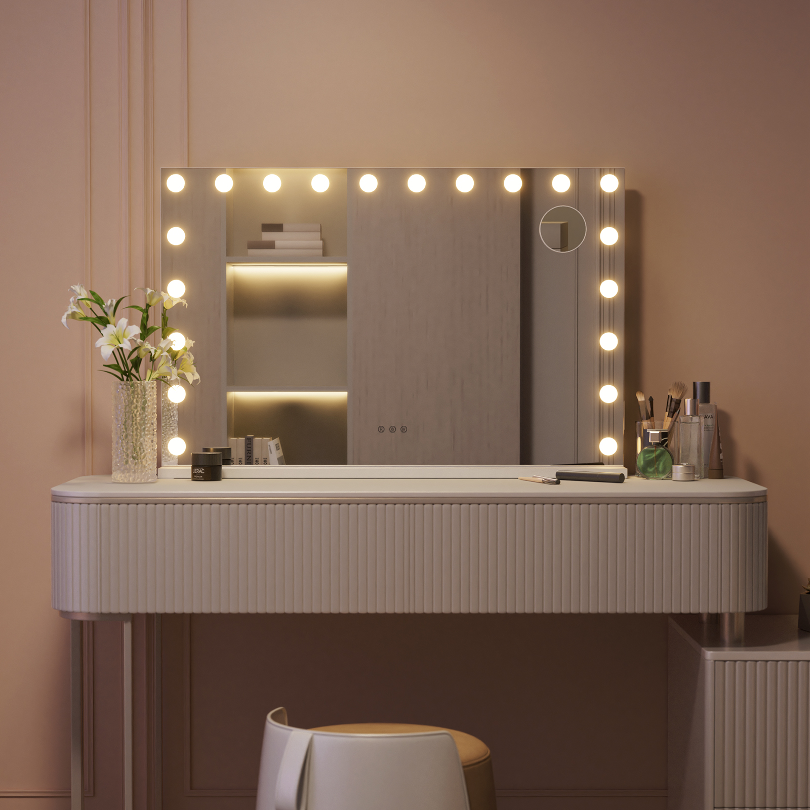 Led Schminkspiegel 90x60 Cm – Hollywood Spiegel Kosmetikspiegel Mit Beleuchtung, 3 Lichtfarben Dimmbar, Abnehmbare 10-fach Vergrößerung, Tisch- & Wandspiegel, Weiß