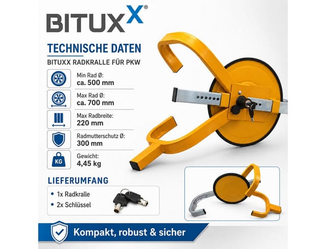 Bituxx - Rad Kralle Klaue Parkkralle Wegfahrsperre mit Teller Radmutternschutz Anti - Diebstahl Sicherung pkw Auto Wohnmobil Anhänger