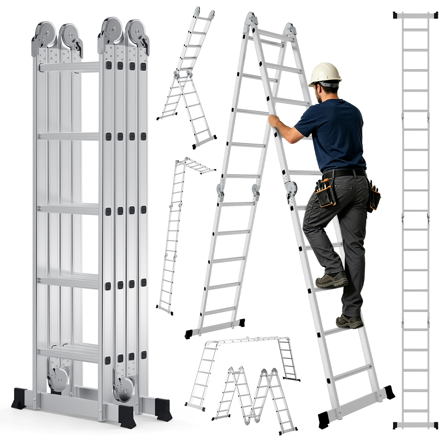 Randaco 7in1 Mehrzweckleiter 4x5 Stufen Aus Aluminium, Ca. 580cm / 5.8m, Multifunktions-gelenkleiter, Klappleiter & Stehleiter, Max. Belastbarkeit 150 Kg