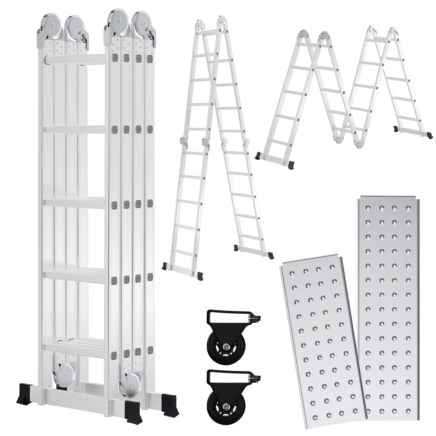Randaco Mehrzweckleiter 7in1 Aluminium 4x5 Stufen, Ca. 580cm / 5.8m, Gelenkleiter Klappleiter Mit 2 Plattformen + 2 Rollen, Max. Belastbarkeit 150 Kg