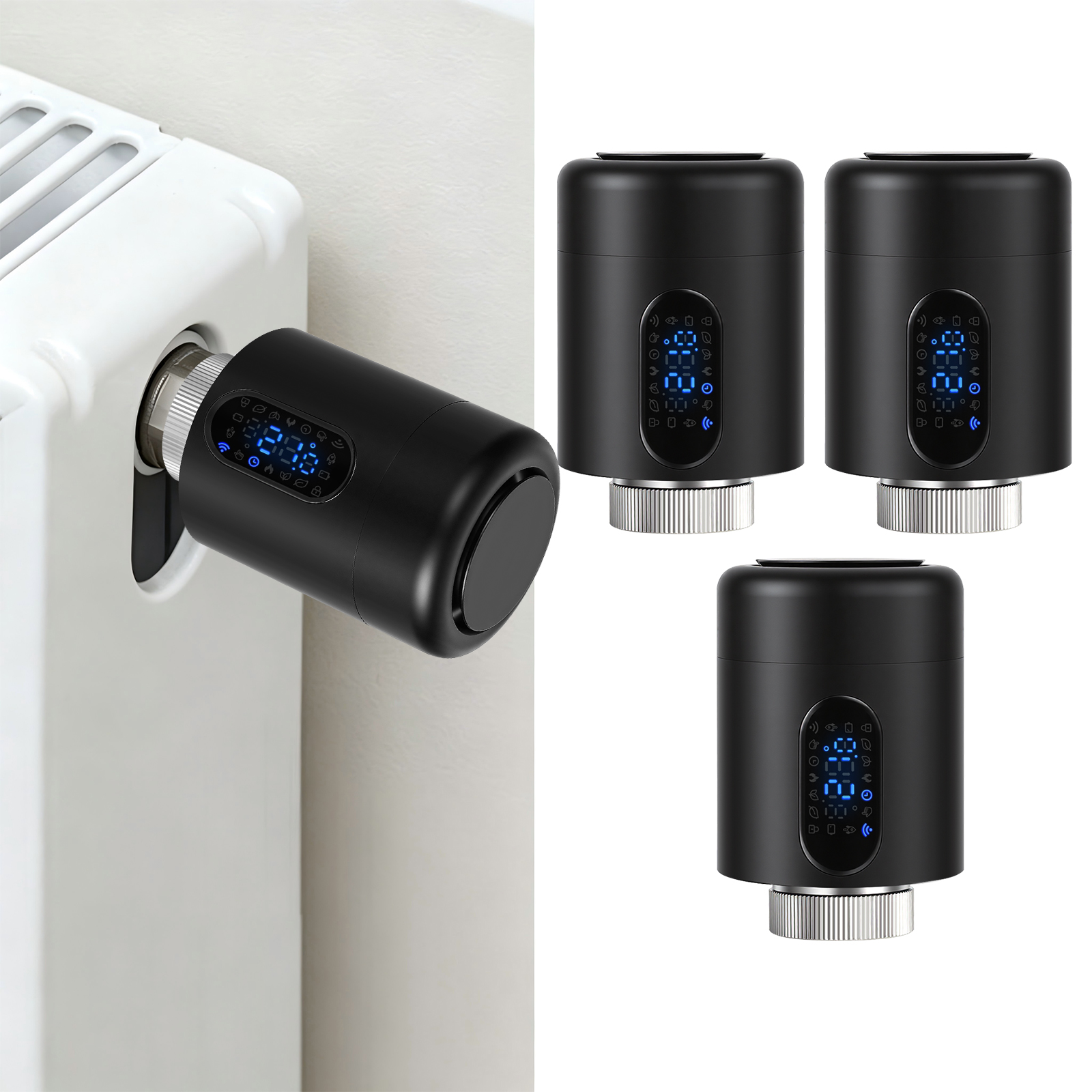Randaco Smartes Heizkörperthermostat Wifi, App-steuerung, Smart Life/tuya, 7 Ventiladapter Je Thermostat, Schwarz, 3er-set