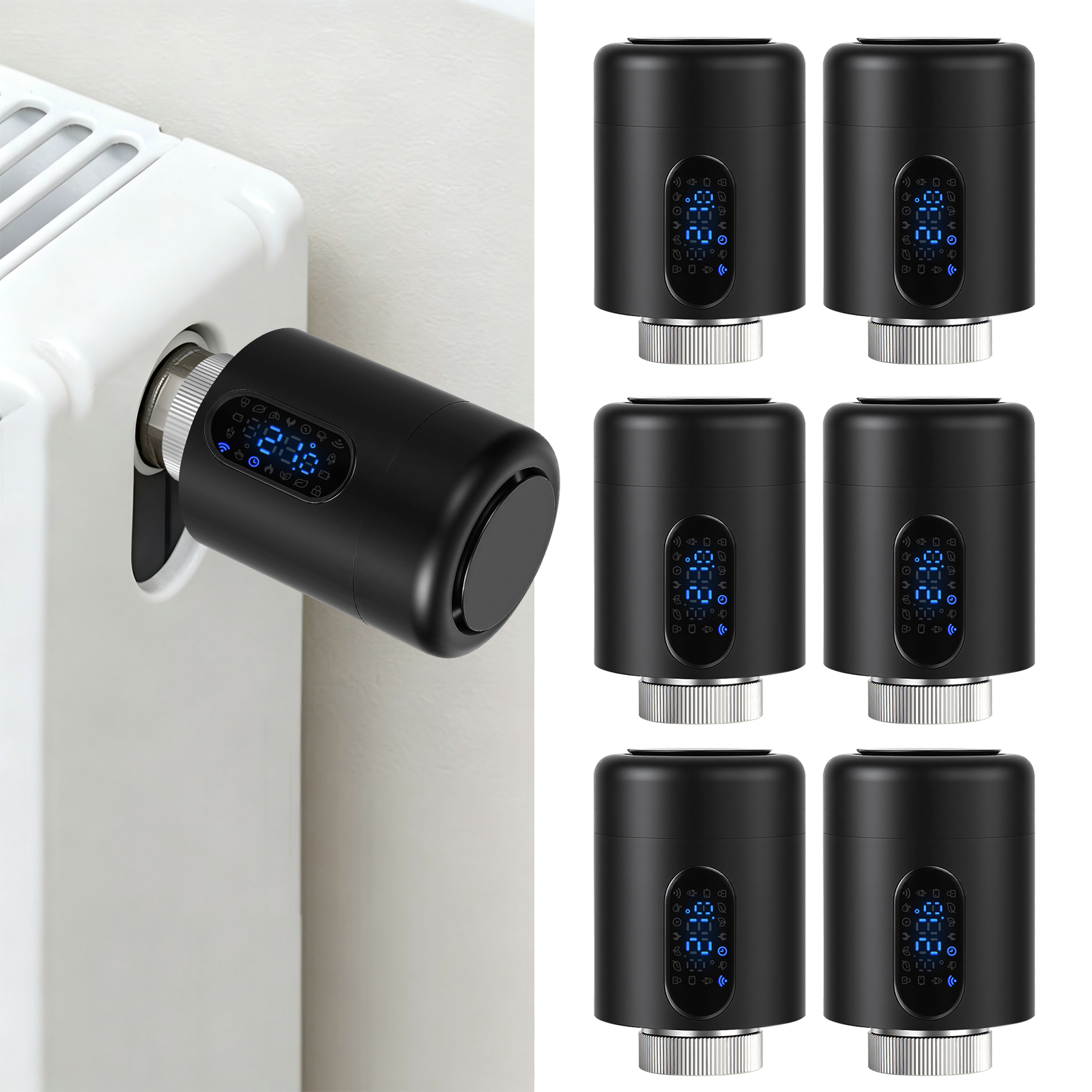 Randaco Smartes Heizkörperthermostat Wifi, App-steuerung, Smart Life/tuya, 7 Ventiladapter Je Thermostat, Schwarz, 6er-set