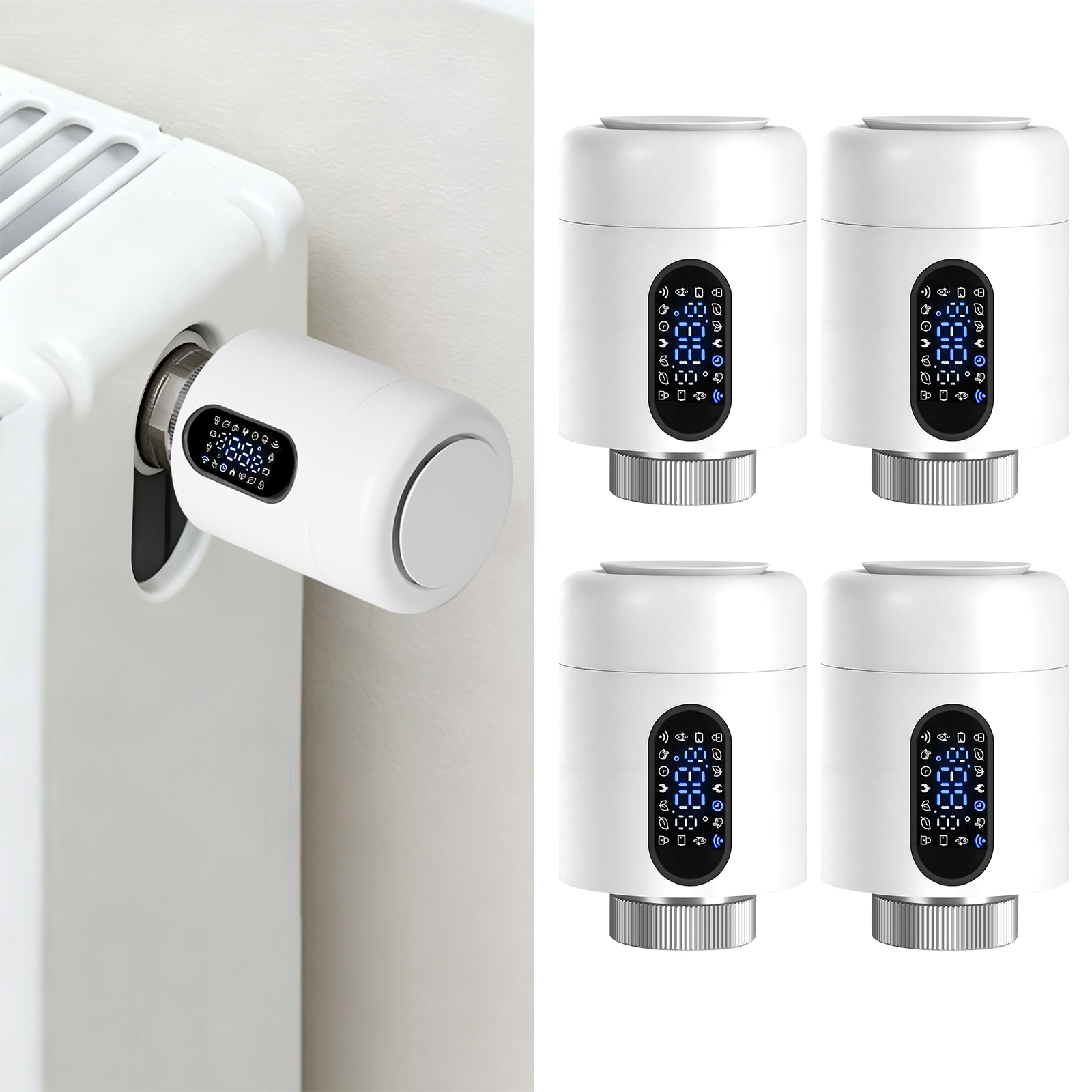 Randaco Smartes Heizkörperthermostat Wifi, App-steuerung, Smart Life/tuya, 7 Ventiladapter Je Thermostat, Weiß, 4er-set