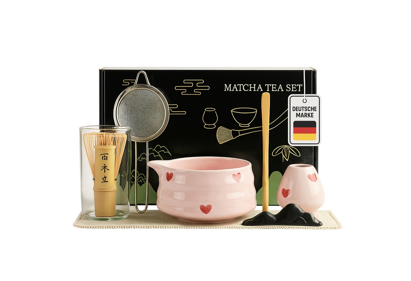 Roxlin Matcha Set (7-teilig) Keramik, Bambus-besen, Schale & Zubehör - Herz Bild 4