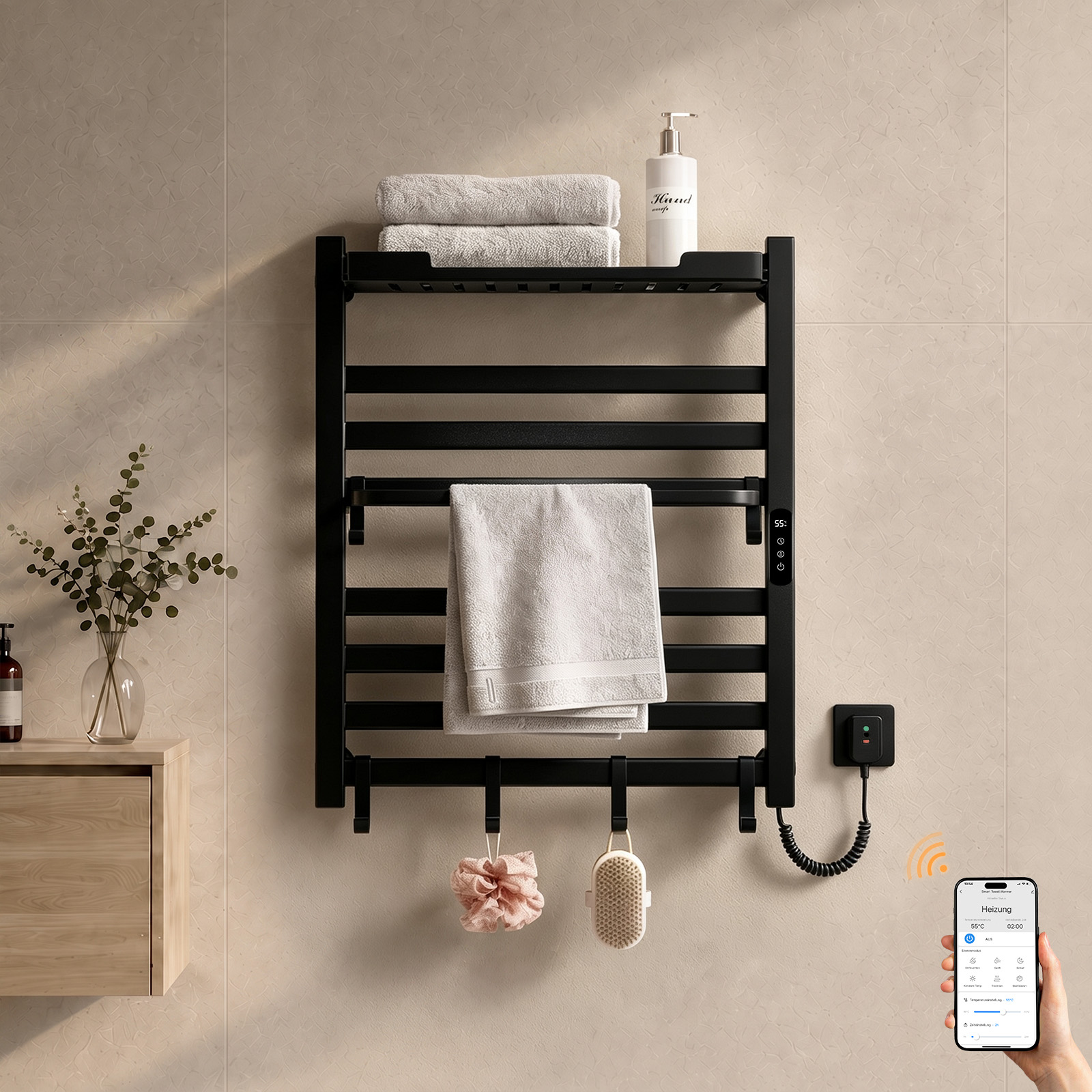 Elektrischer Handtuchheizkörper 70x60 Cm, 233 W, Ip45, Wlan-thermostat, Ablage, Schwarz – S'Afielina