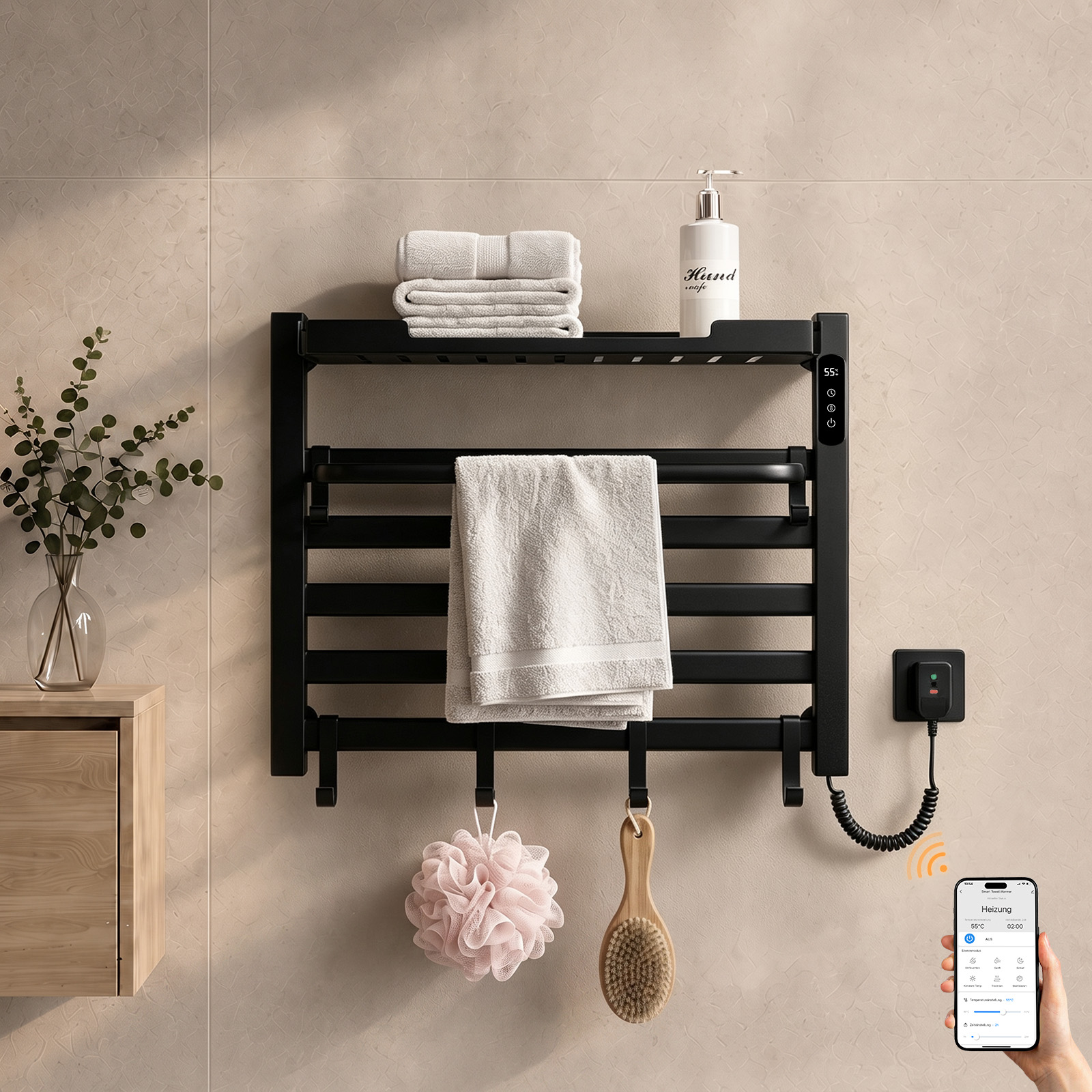 Elektrischer Handtuchheizkörper 45x60 Cm, 155 W, Ip45, Wlan-thermostat, Ablage, Schwarz – S'Afielina