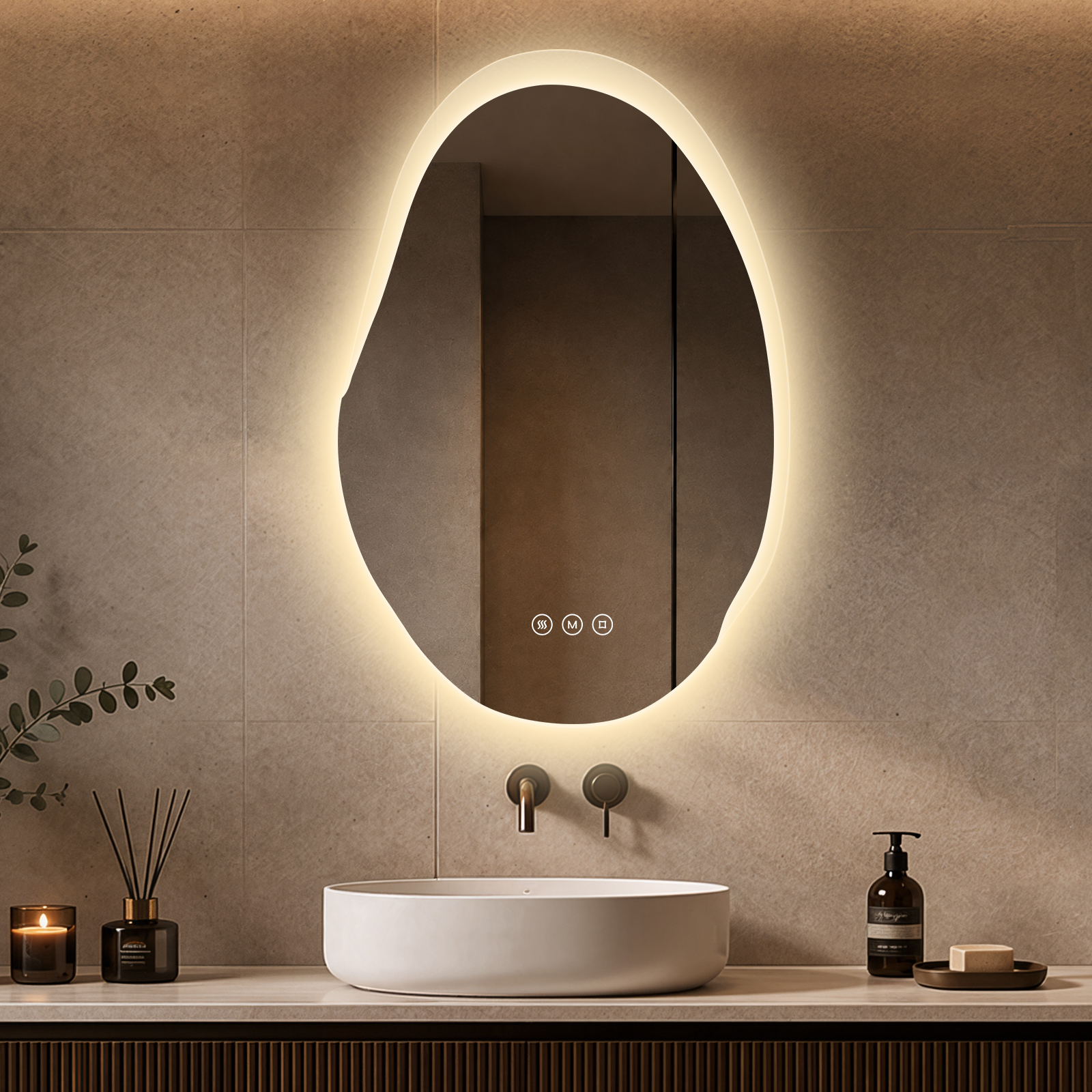 Led Badspiegel 72x48 Cm Asymmetrisch, Anti-beschlag, 3 Lichtfarben, Touch-schalter – S’afielina