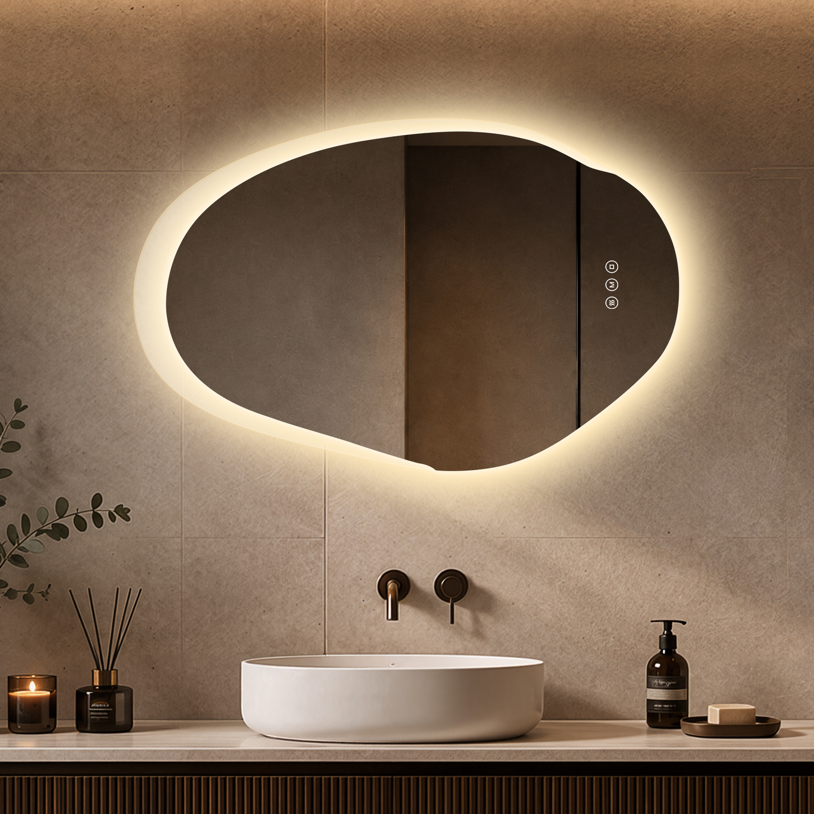 Led Badspiegel 85x55 Cm Asymmetrisch, Anti-beschlag, 3 Lichtfarben, Touch-schalter – S’afielina