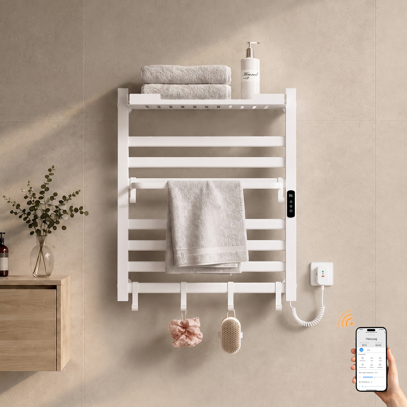 Elektrischer Handtuchheizkörper 70x60 Cm, 233 W, Ip45, Wlan-thermostat, Ablage, Weiß – S'Afielina