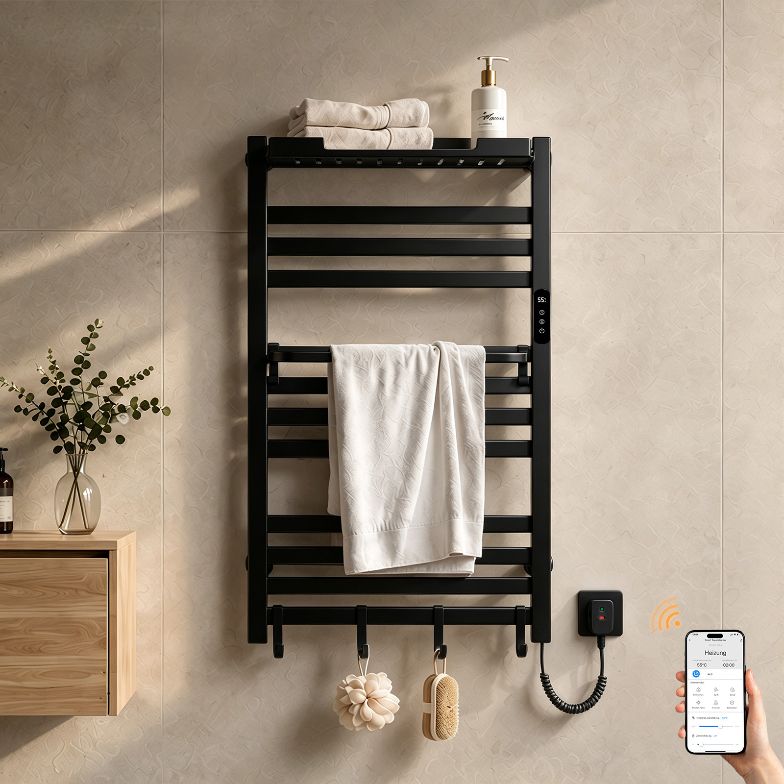 Elektrischer Handtuchheizkörper 95x60 Cm, 375 W, Ip45, Wlan-thermostat, Ablage, Schwarz – S'Afielina
