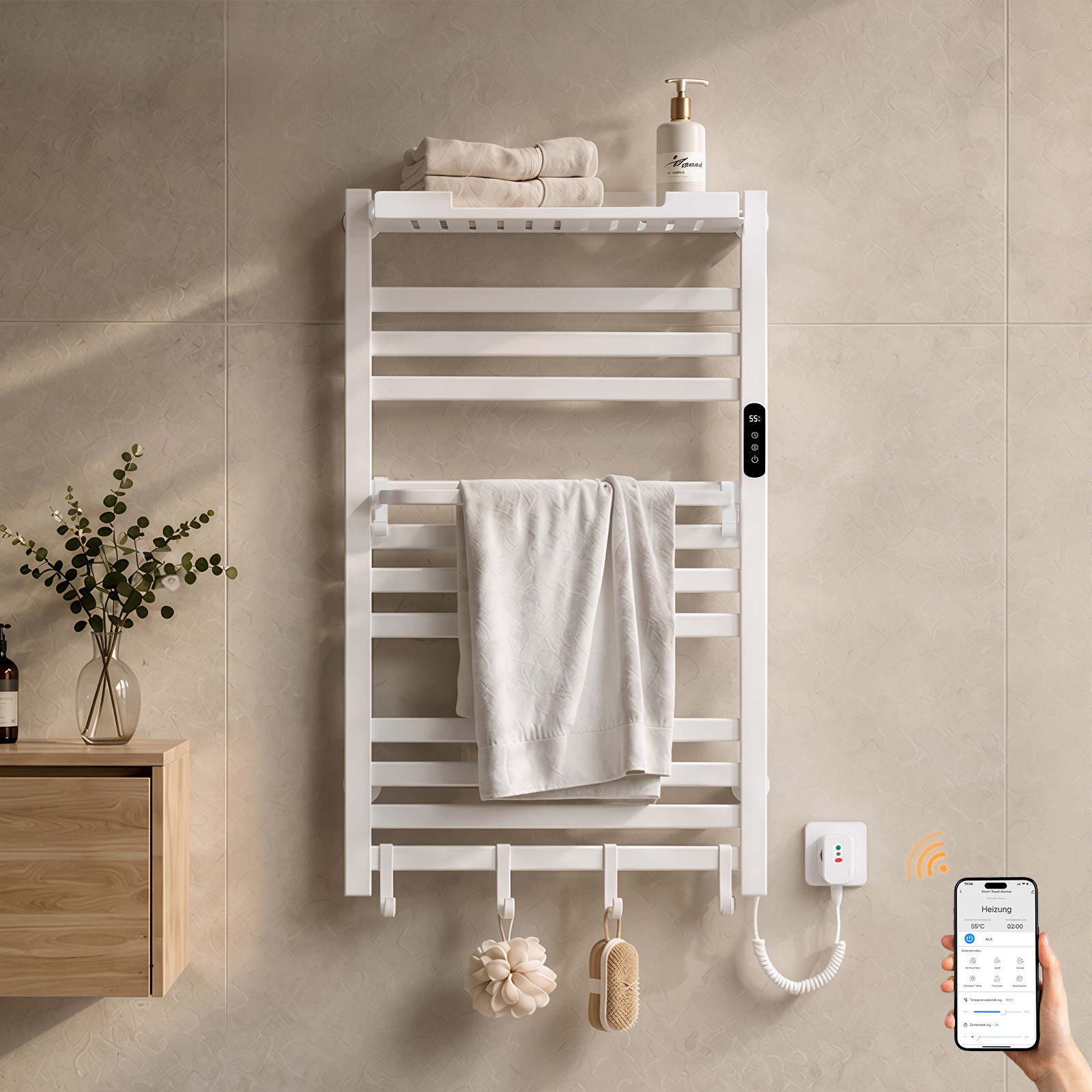 Elektrischer Handtuchheizkörper 95x60 Cm, 375 W, Ip45, Wlan-thermostat, Ablage, Weiß – S'Afielina