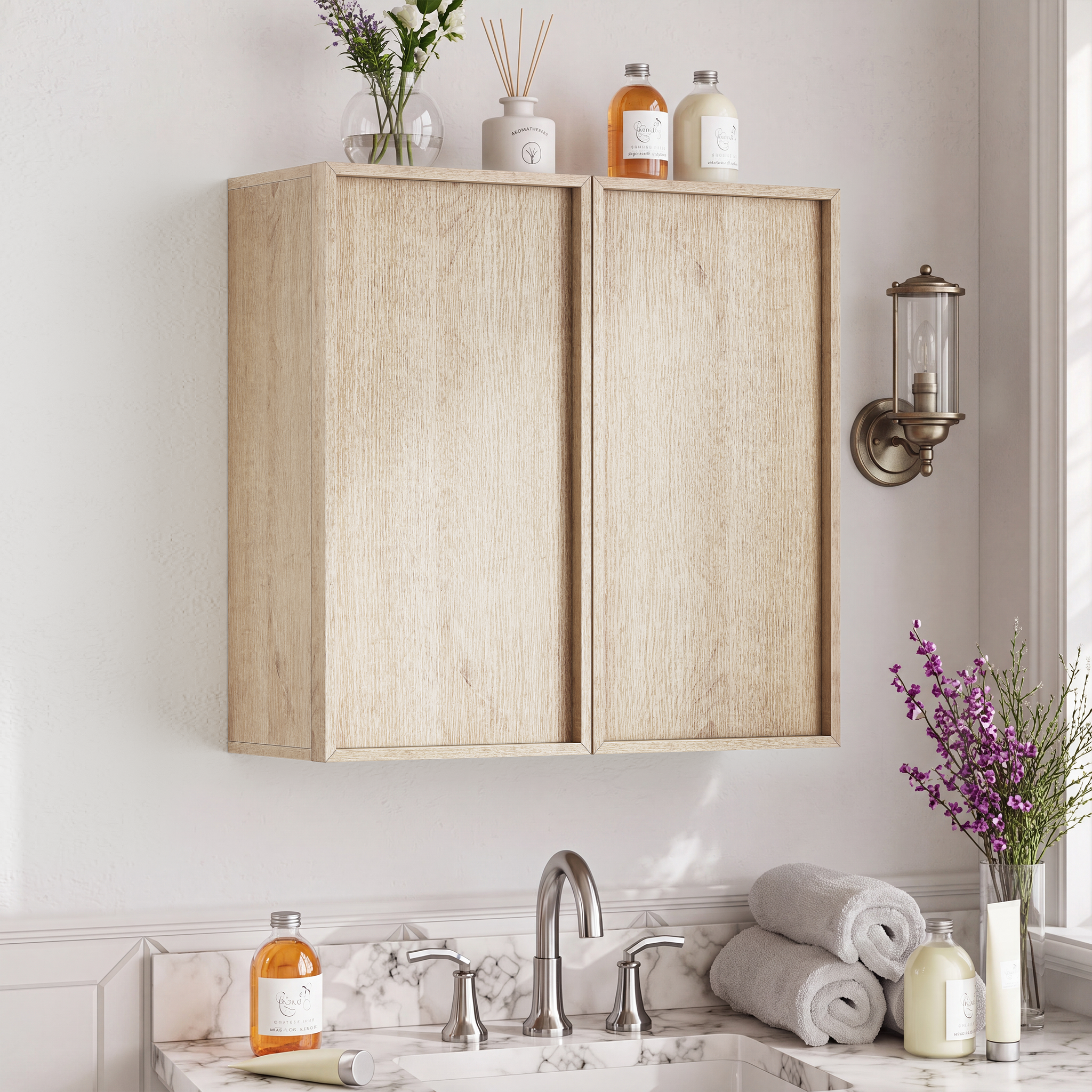 Wandhängender Badezimmerschrank Im Design Eines Grifflosen Doppeltür-arzneischranks – 8,9 Kg, Aus Spanplatte – 60×21,6×58 Cm – Eiche