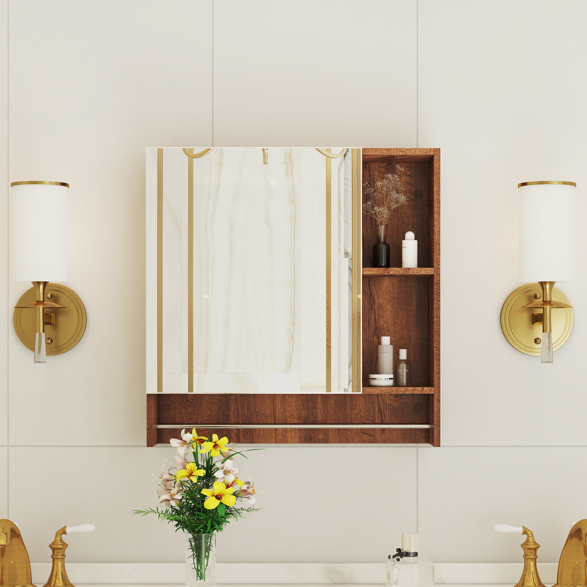 Nussbaumfarbener Badezimmerschrank – 11 Kg, Aus Mdf, Warmes Design Für, Stabiles Mdf-material – 56×13×55 Cm – Integrierter Spiegel