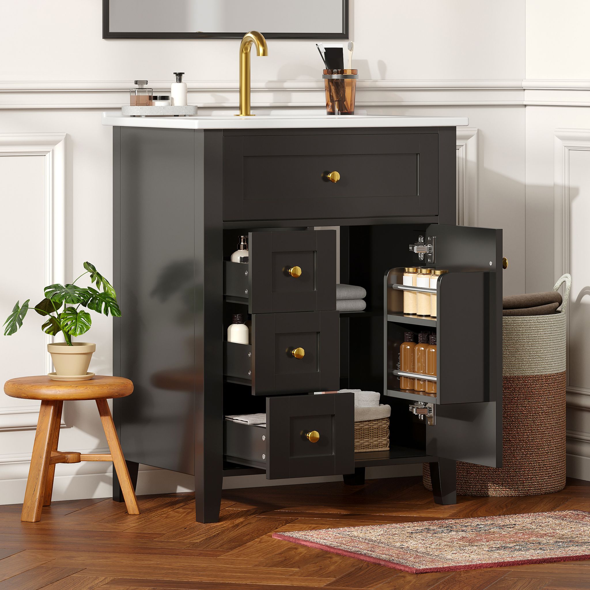 Freistehender Badezimmerschrank – 33,2 Kg, Aus Mdf, Vielseitige Stauraumlösungen Mit – 61×47×86 Cm – Hochglänzende Lackierte Mdf-oberfläche