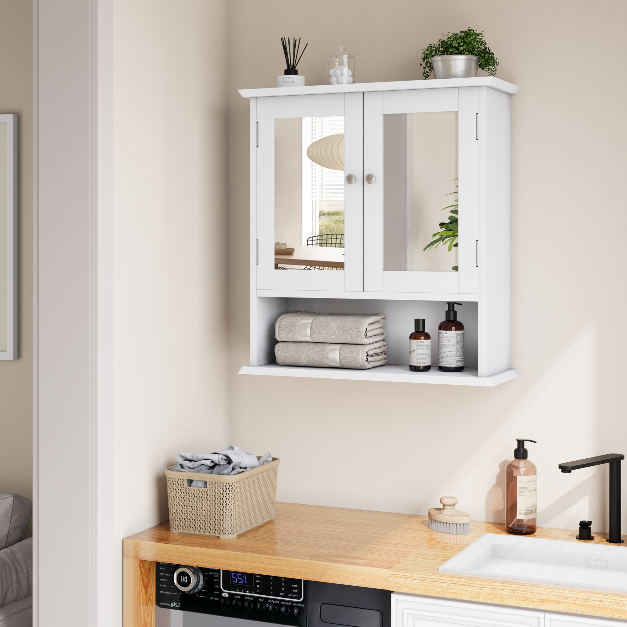 Badezimmerschrank – 7,5 Kg, Aus Glas, Weiß, Mit Spiegel – 50×20×60 Cm – Weißer Arzneischrank Mit Verstellbarem Regal