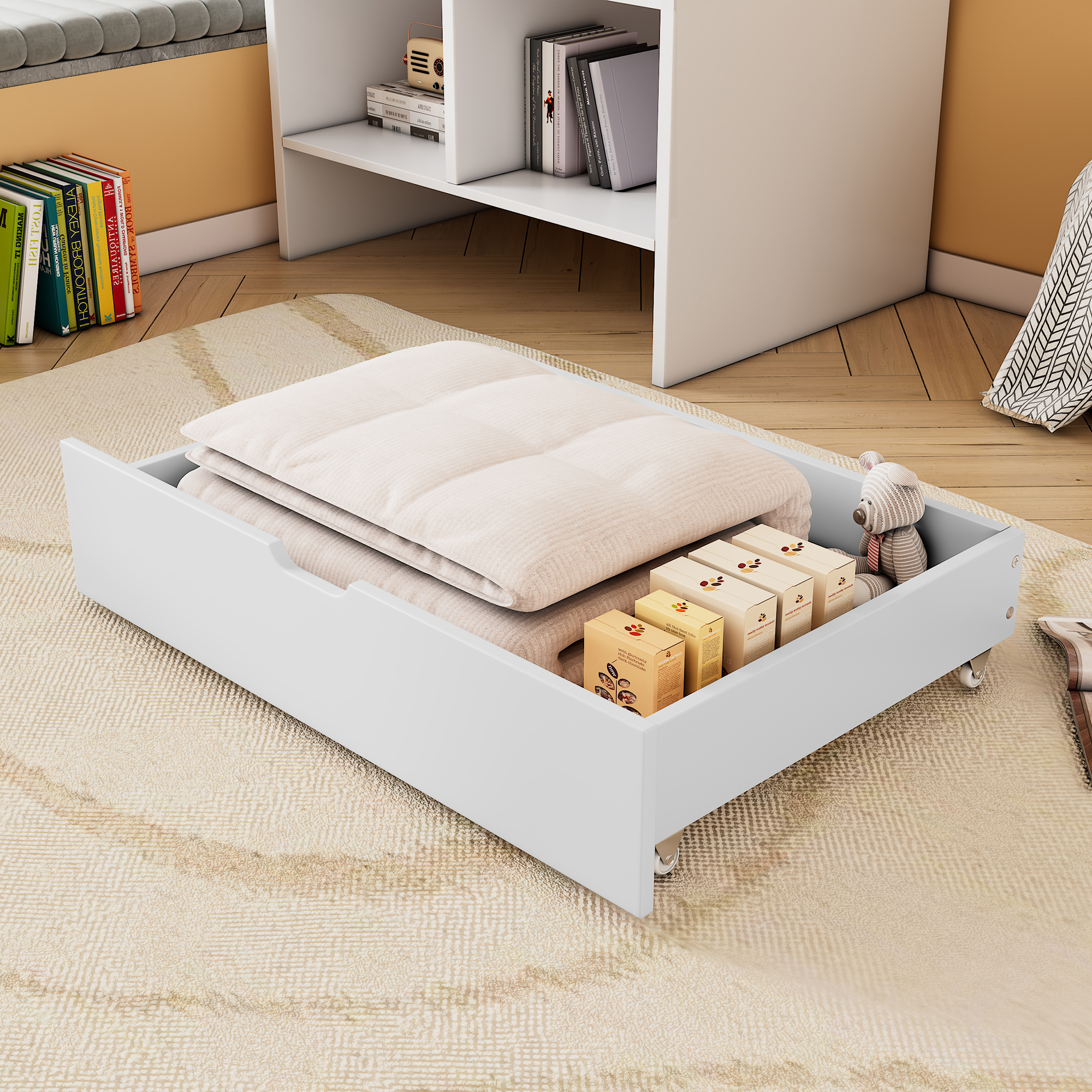 Zwei Schubladen, Stauraum Unter Dem Bett, Mdf + Bodenrollen, Weiß (93x67x20cm) (nur Schubladen)