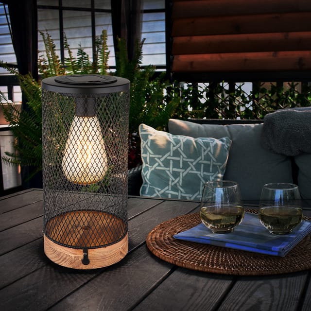 Solarlampe Tischleuchte Außen led Gartendeko Holz, Metallgitter schwarz, 3000K warmweiß, DxH 12x25,5 cm
