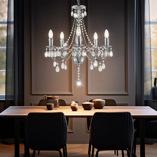 Kronleuchter Hängelampe Pendelleuchte Wohnzimmerlampe Esszimmerleuchte, Metall chrom Kristalle, 5 Flammig E14, DxH 51x143 cm