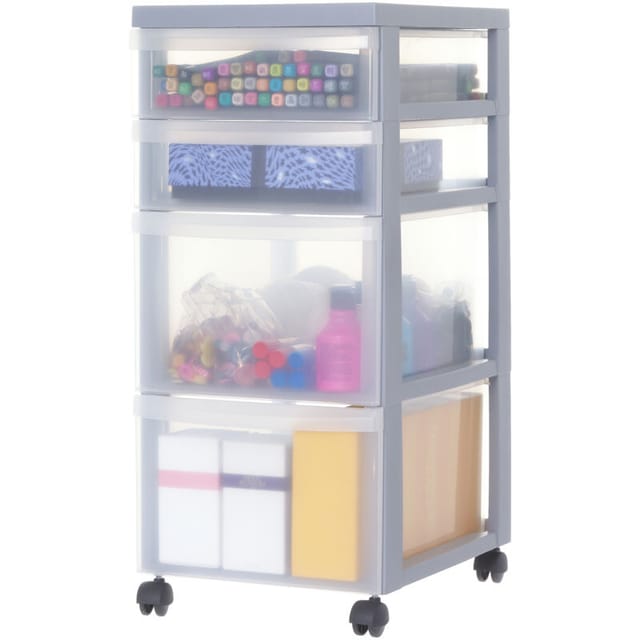 Iris Ohyama - Kunststoff-Schubladenbox mit Rollen, 2 tiefe und 2 flache Schubladen, Grau, Griffe zum Ziehen, Für Schlafzimmer, Bad, Schule & Büro,