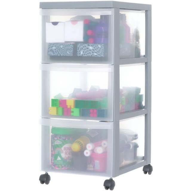 Iris Ohyama - Kunststoff-Schubladenbox mit Rollen, 3 tiefen Schubladen, Grau, Griffe zum Ziehen, Für Schlafzimmer, Bad, Schule & Büro, BPA-frei,