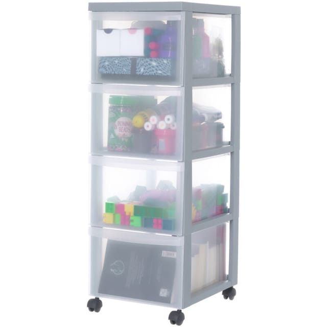 Iris Ohyama - Kunststoff-Schubladenbox mit Rollen, 4 tiefen Schubladen, Grau, Griffe zum Ziehen, Für Schlafzimmer, Bad, Schule & Büro, BPA-frei,