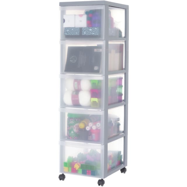 Kunststoff-Schubladenbox mit Rollen, 5 tiefen Schubladen, Grau, Griffe zum Ziehen, Für Schlafzimmer, Bad, Schule & Büro, BPA-frei, Schubladenschrank,