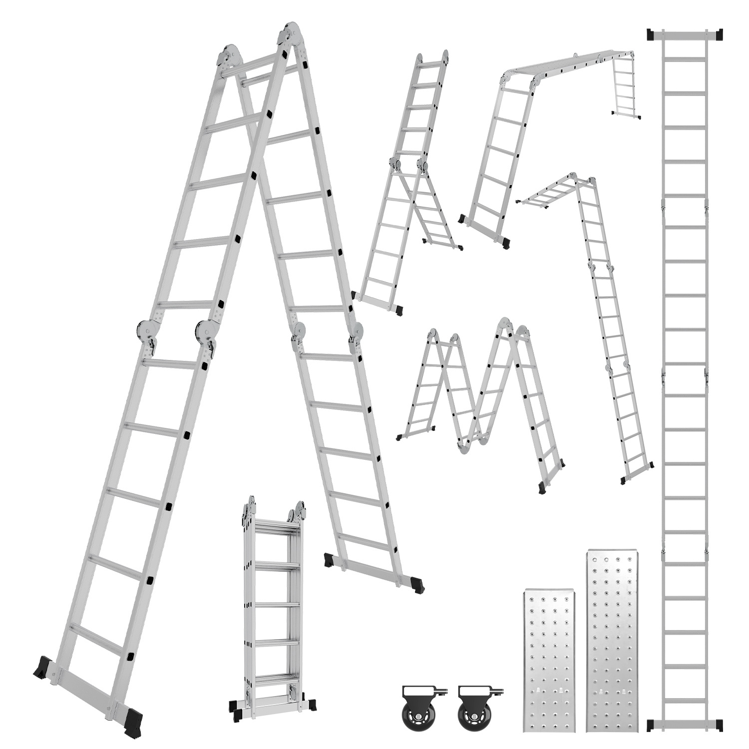 Tolletour Mehrzweckleiter Multifunktionsleiter 7in1 4x5 Stufen, Ca. 580cm / 5.8m, Alu Gelenkleiter Mit 2 Plattformen, 2 Rollen, Max. Belastbarkeit 150 Kg