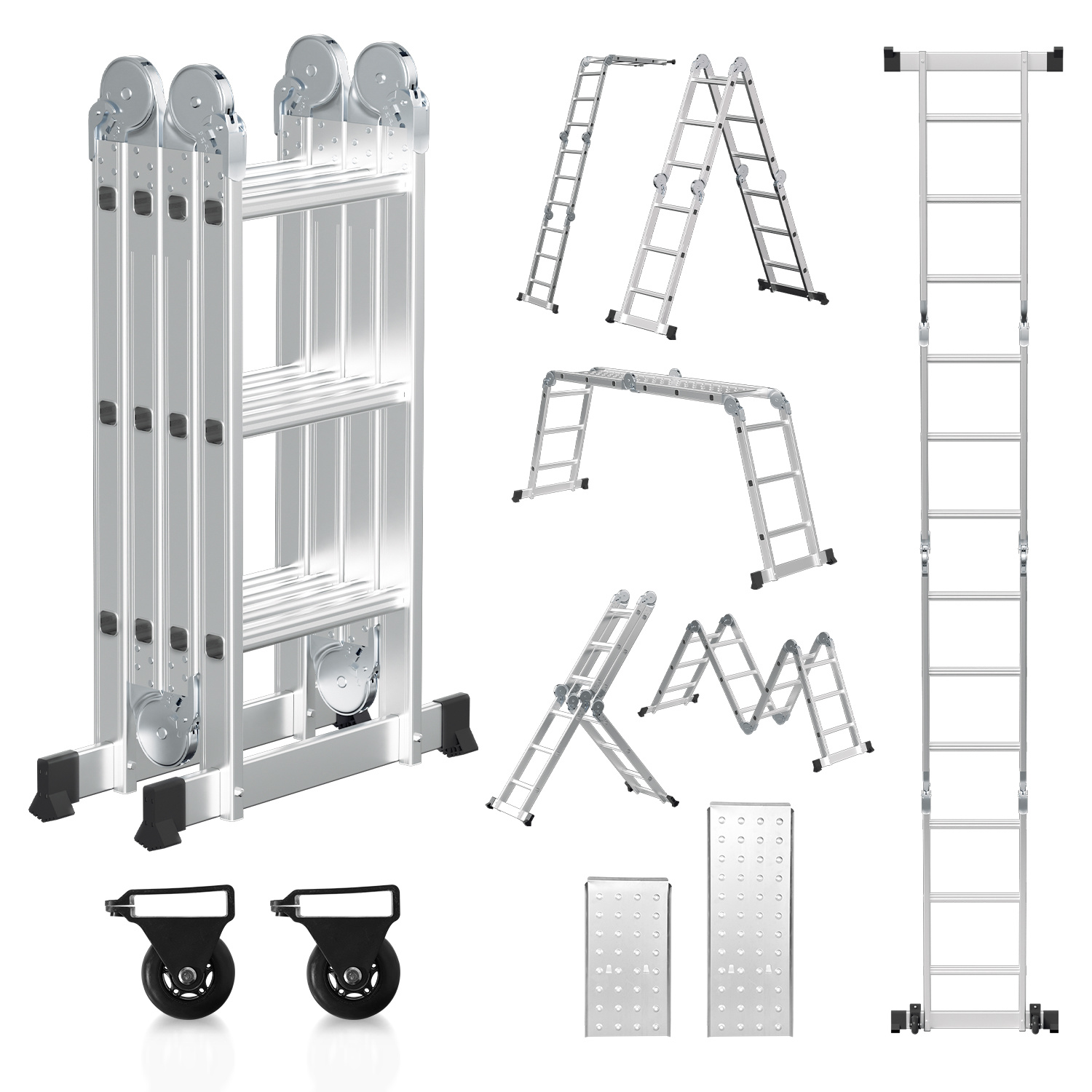 Tolletour Aluminium Mehrzweckleiter 7in1 4x3 Stufen, Ca. 360cm / 3.6m, Klappleiter Gelenkleiter Mit Plattformen, Rollen & Anti-rutsch, Max. Belastbarkeit 150 Kg