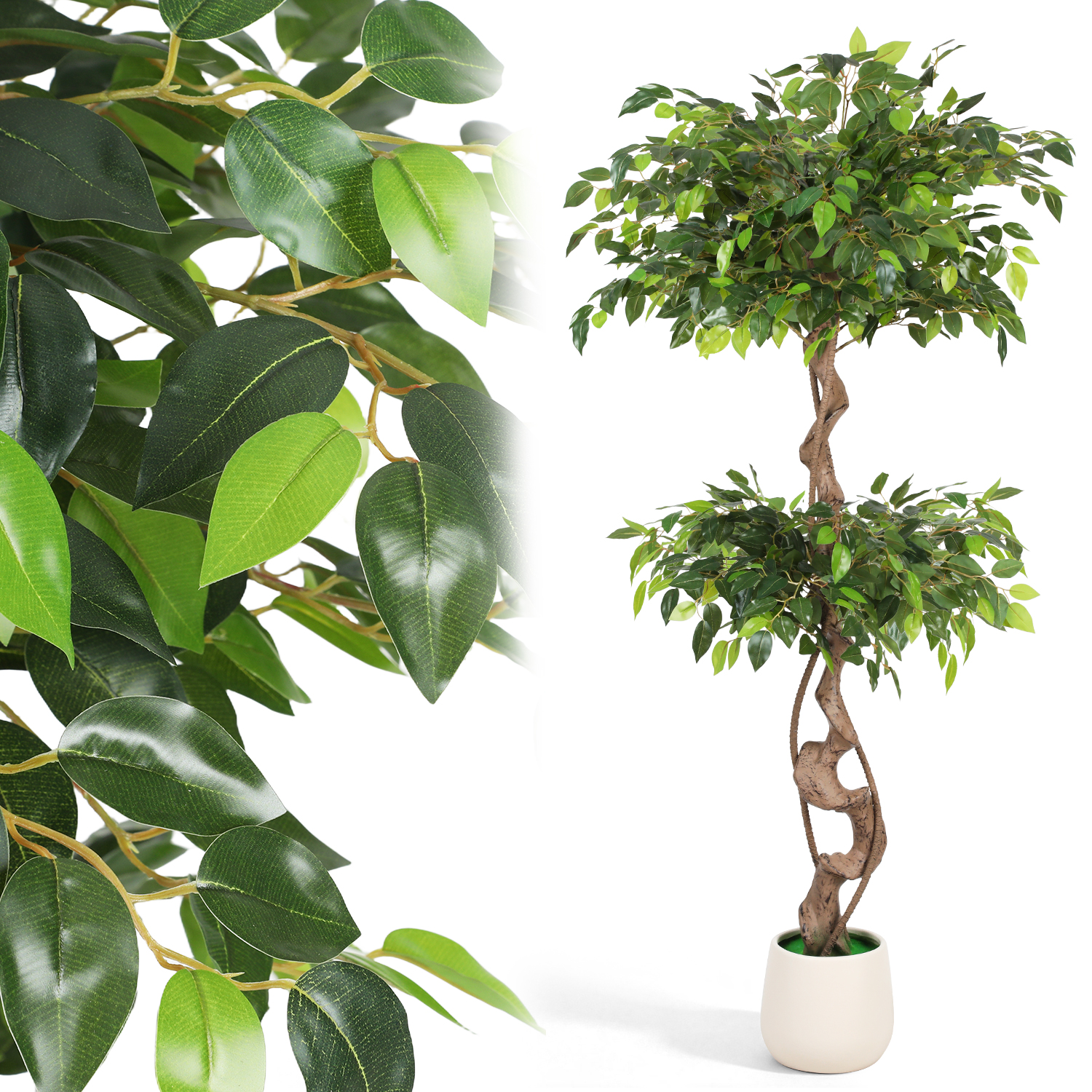 Tolletour Künstlicher Ficus 150 Cm Mit 1054 Blättern Und 17 Zweigen, Weißer Topf