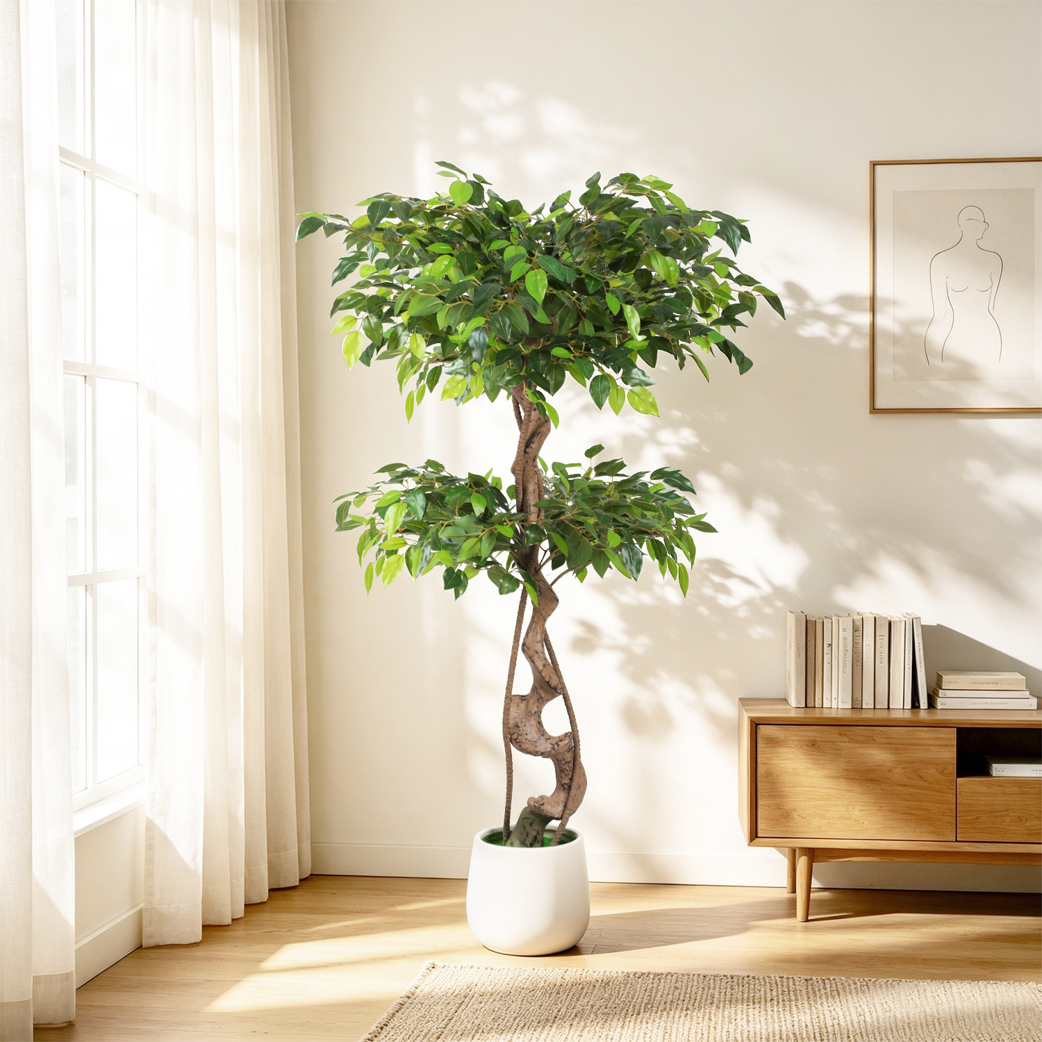 Tolletour Künstlicher Ficusbaum 120 Cm Im Weißen Topf, Grüne Blätter