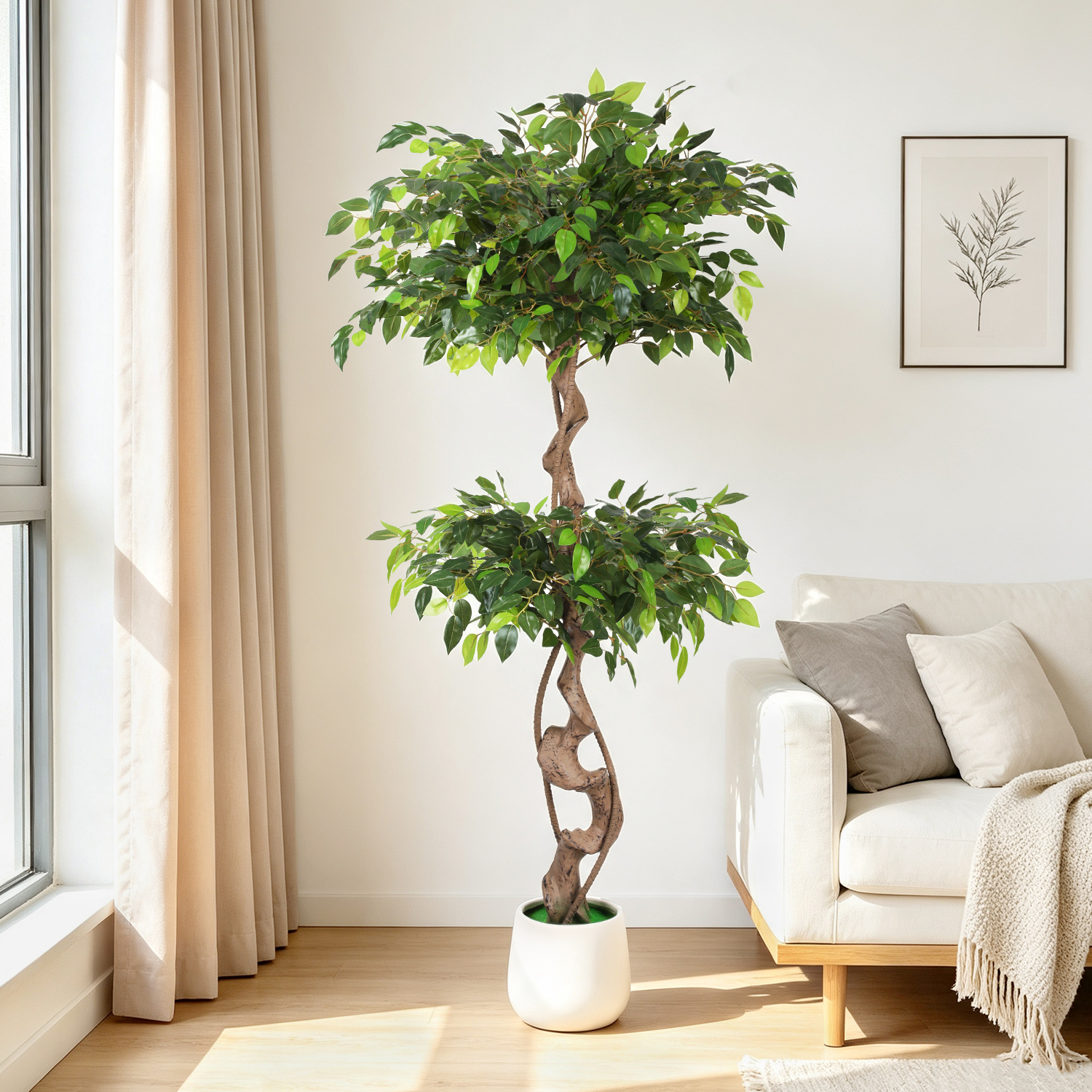 Tolletour Künstlicher Ficusbaum 150 Cm Im Weißen Topf, Grüne Blätter